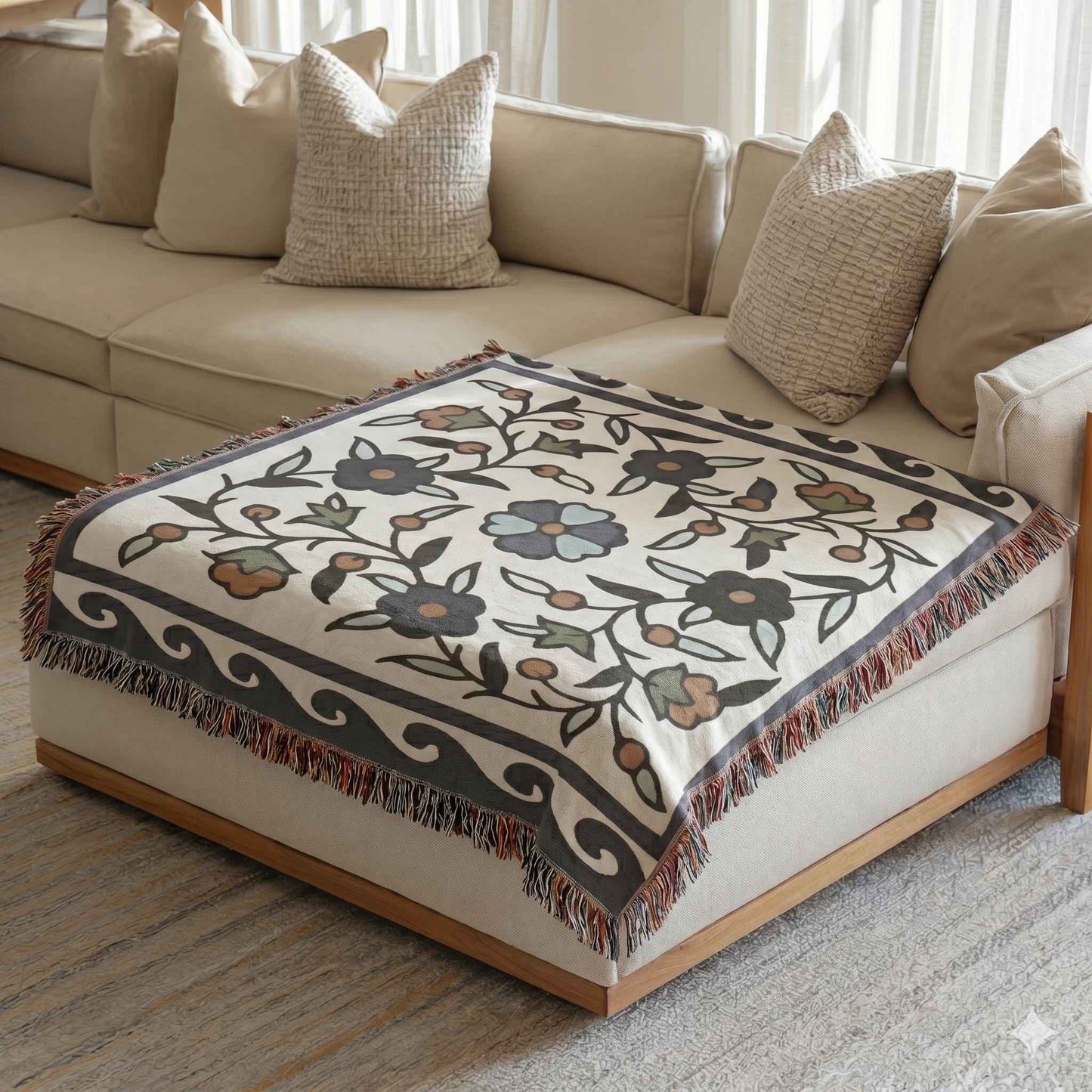 Anatolian Inspired woven blanket with rug-style pattern styled for layered home decor