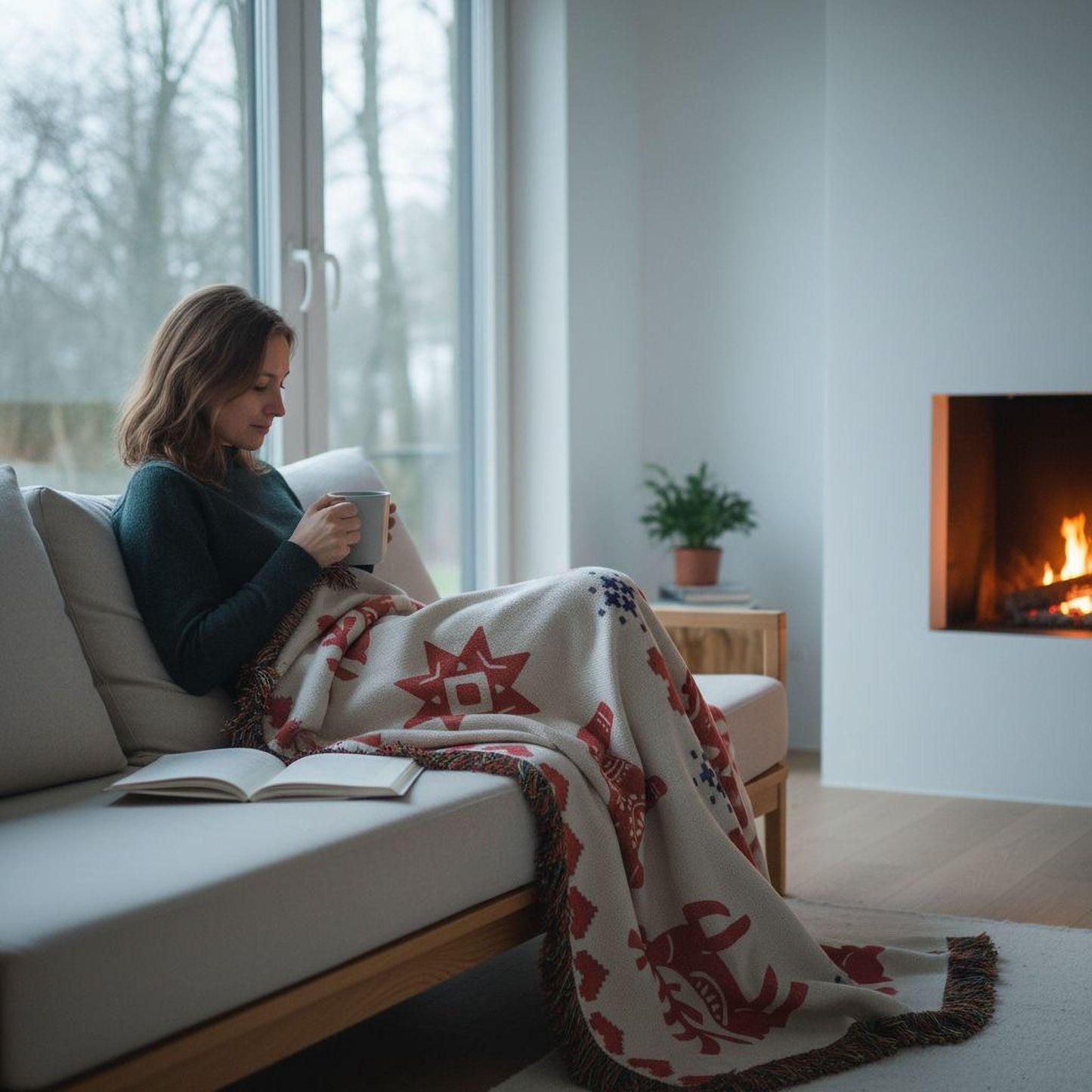 Scandinavian Inspired woven blanket with rug-style pattern styled for layered home decor