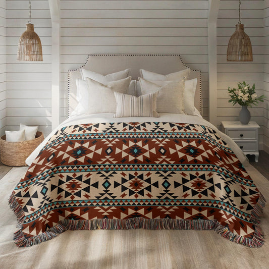 Ikat Throw Blanket – Southwestern Pattern, Cotton Fringed Edge Blanket, Cozy Home Decor