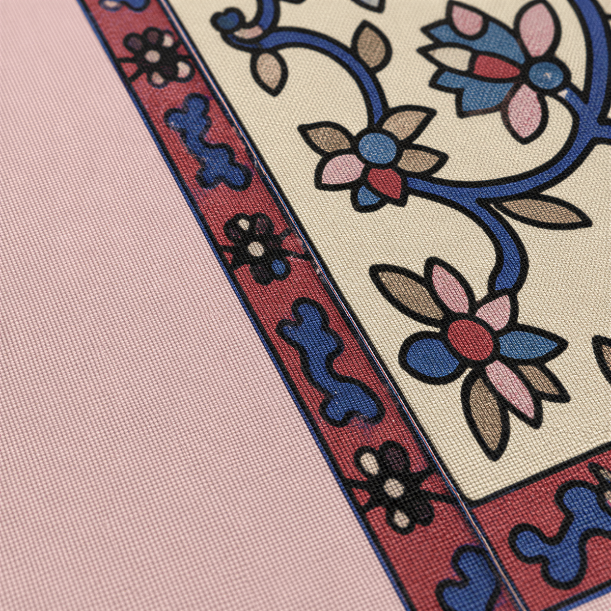 Close view of the blue and red flowering vines inside a pink border
