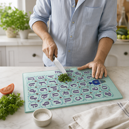 Armenian alphabet glass cutting board in mint, a cook chopping herbs on it at a marble counter