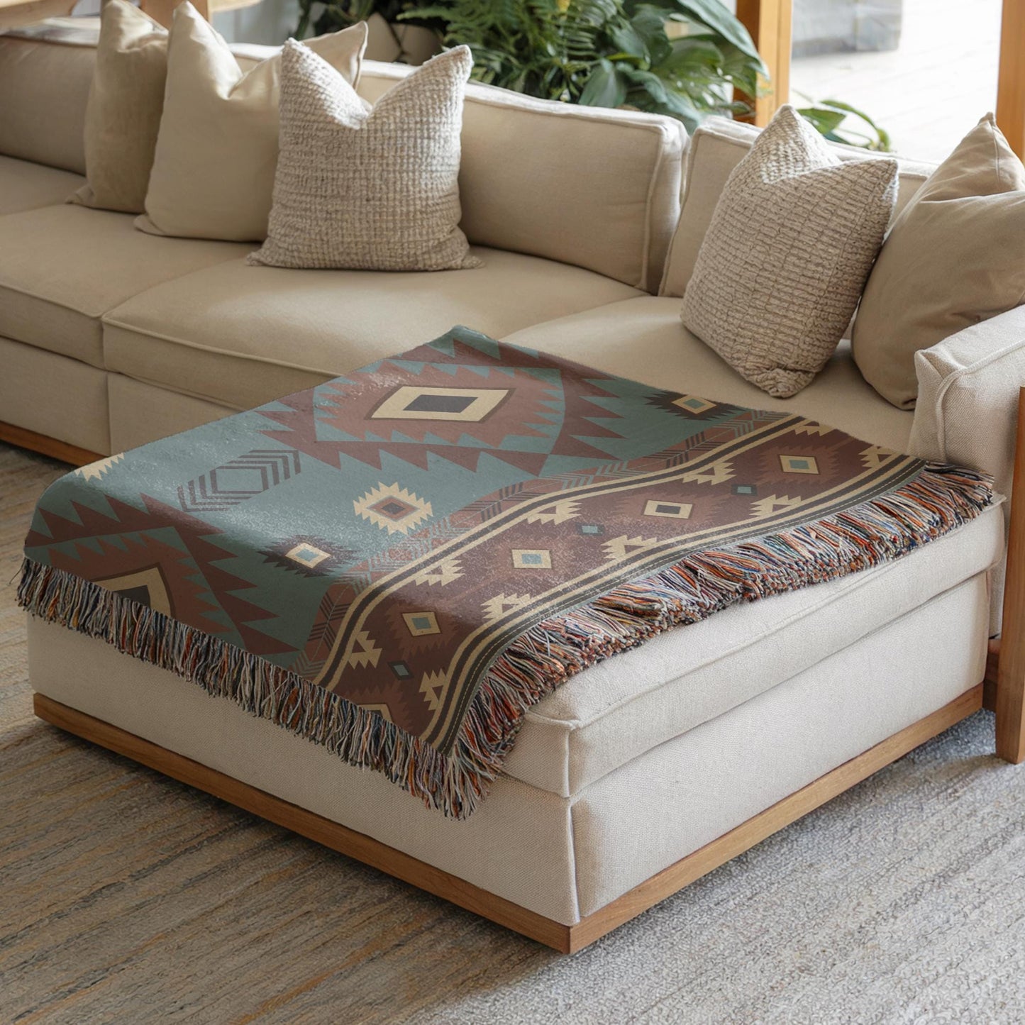 Southwestern woven blanket with geometric pattern styled for layered home decor