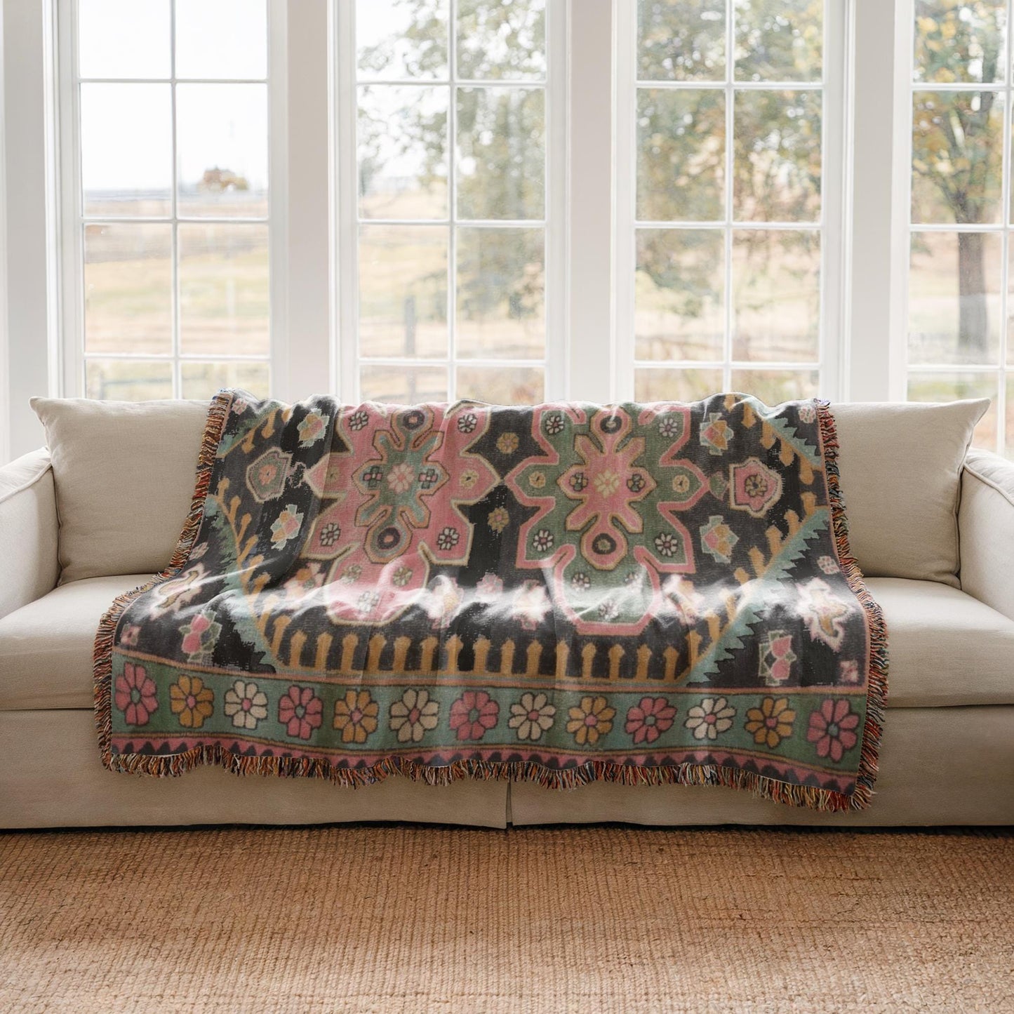 Caucasian Rug Inspired woven blanket with geometric pattern styled for layered home decor