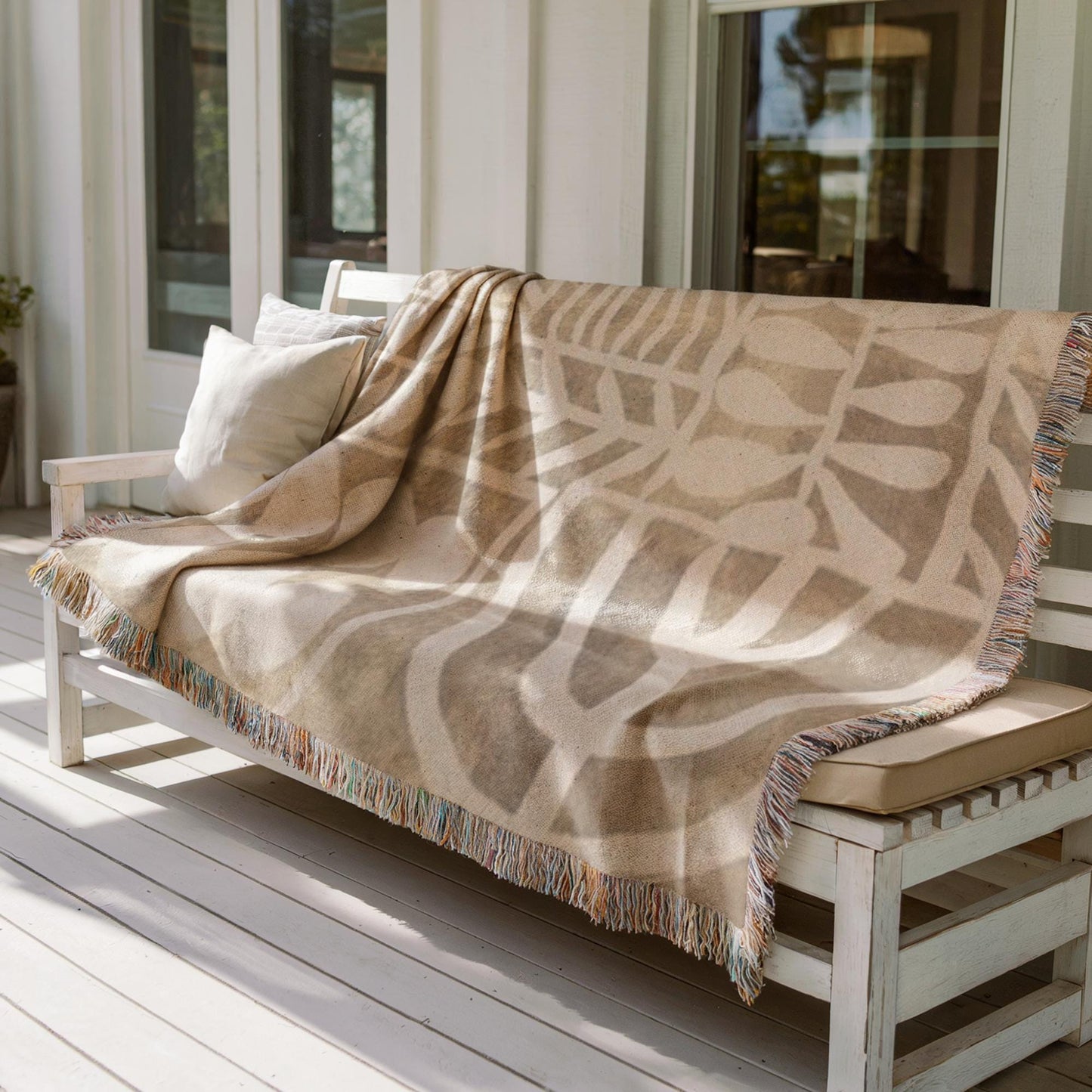 Modern Geometric woven wall tapestry with geometric pattern styled as textile wall decor