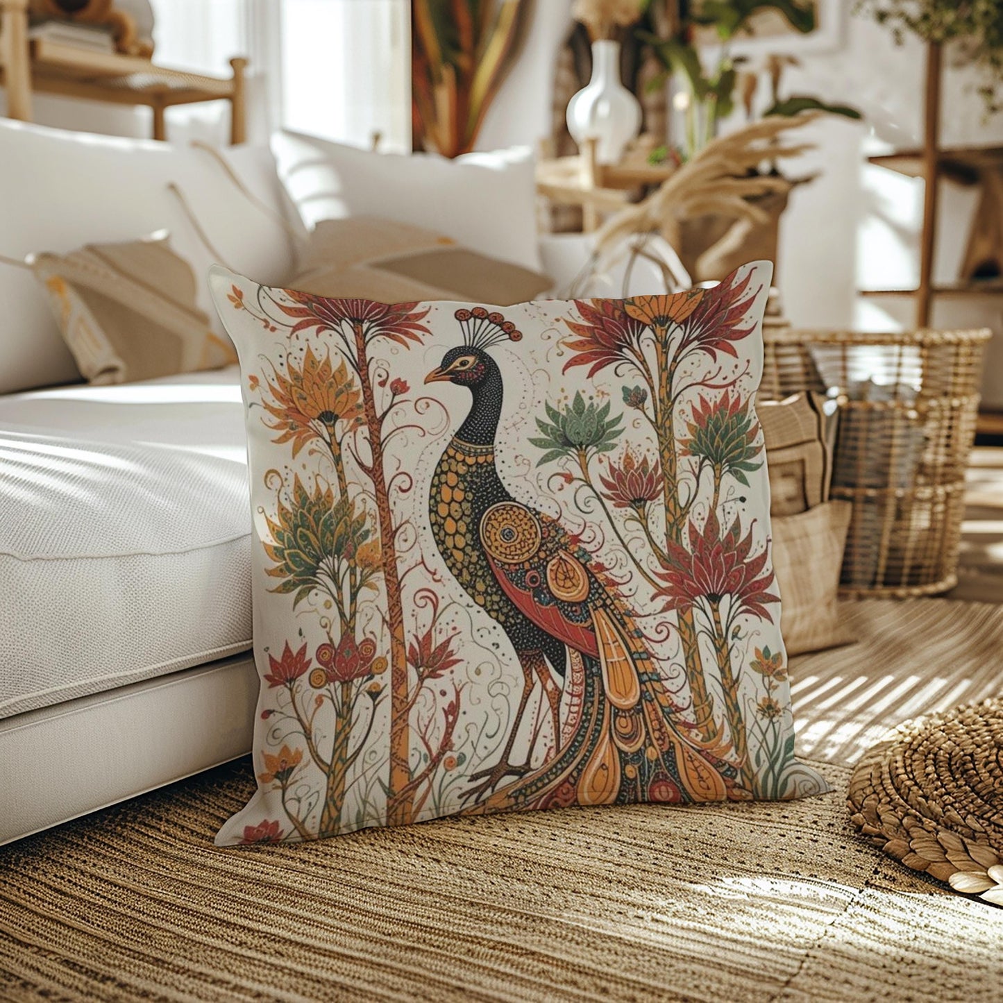 Moroccan Inspired pillow cover with woven pattern styled on a sofa or bed