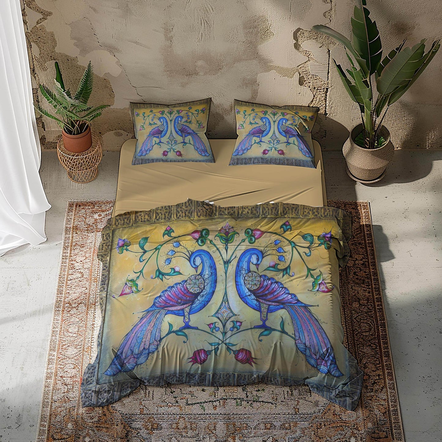 Armenian Birds Duvet Cover - Haykakan Pattern Bedding Set With Decorative Pillowcases - timelessbohochic.com