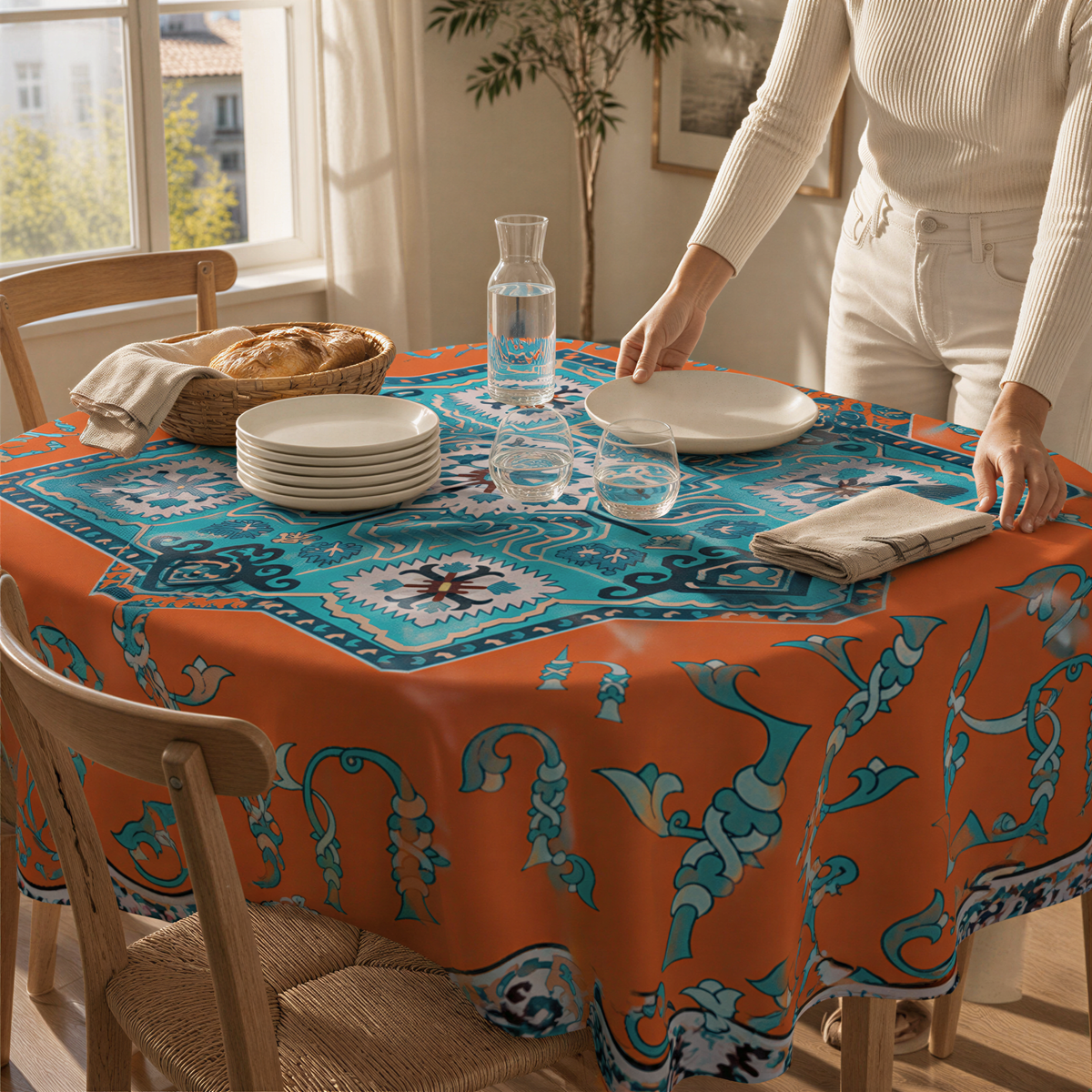 Orange and turquoise Armenian square tablecloth on a round table, a woman setting bread and a carafe