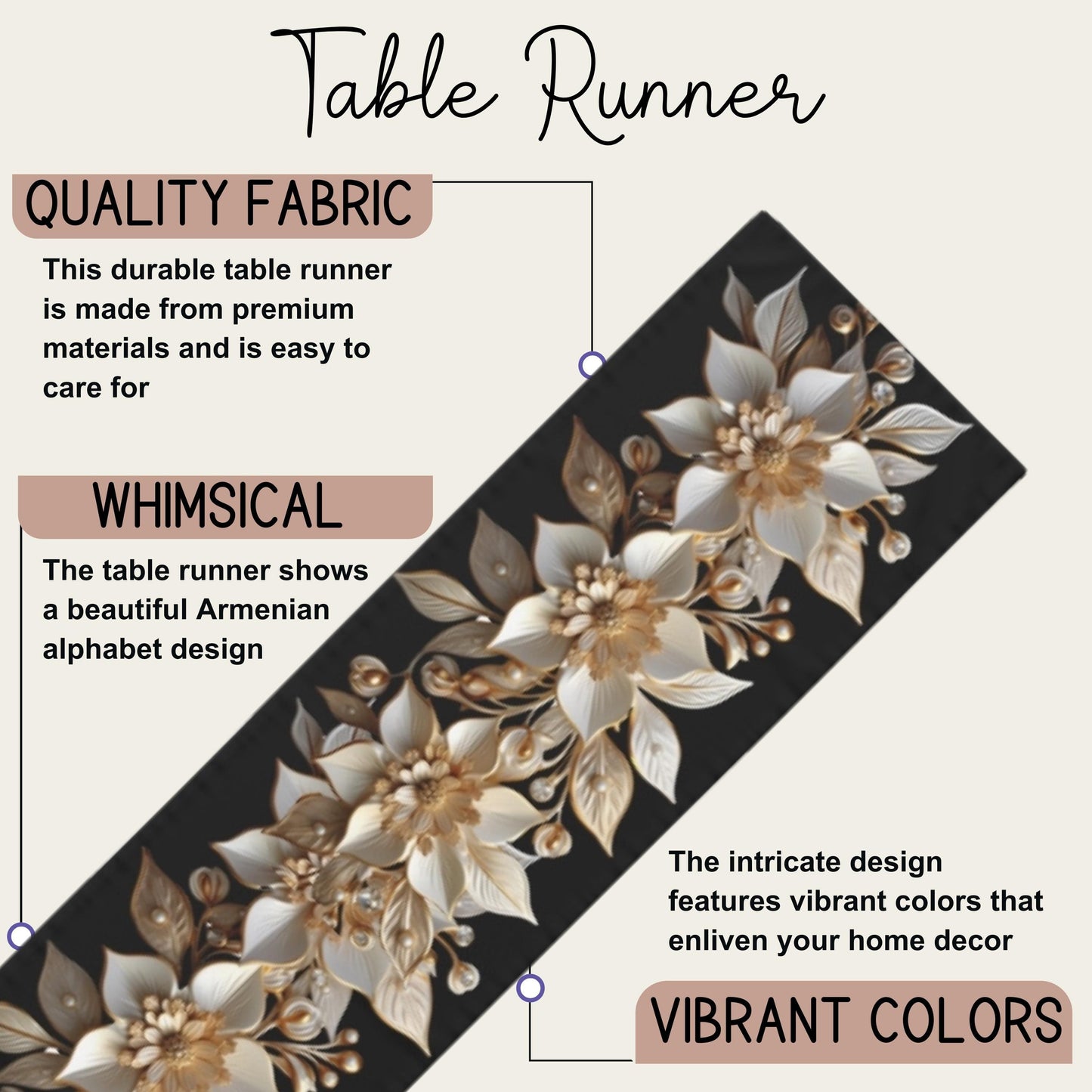 Poinsettia Table Runner - Elegant White Gold Christmas Table Decor & Dining Accent
