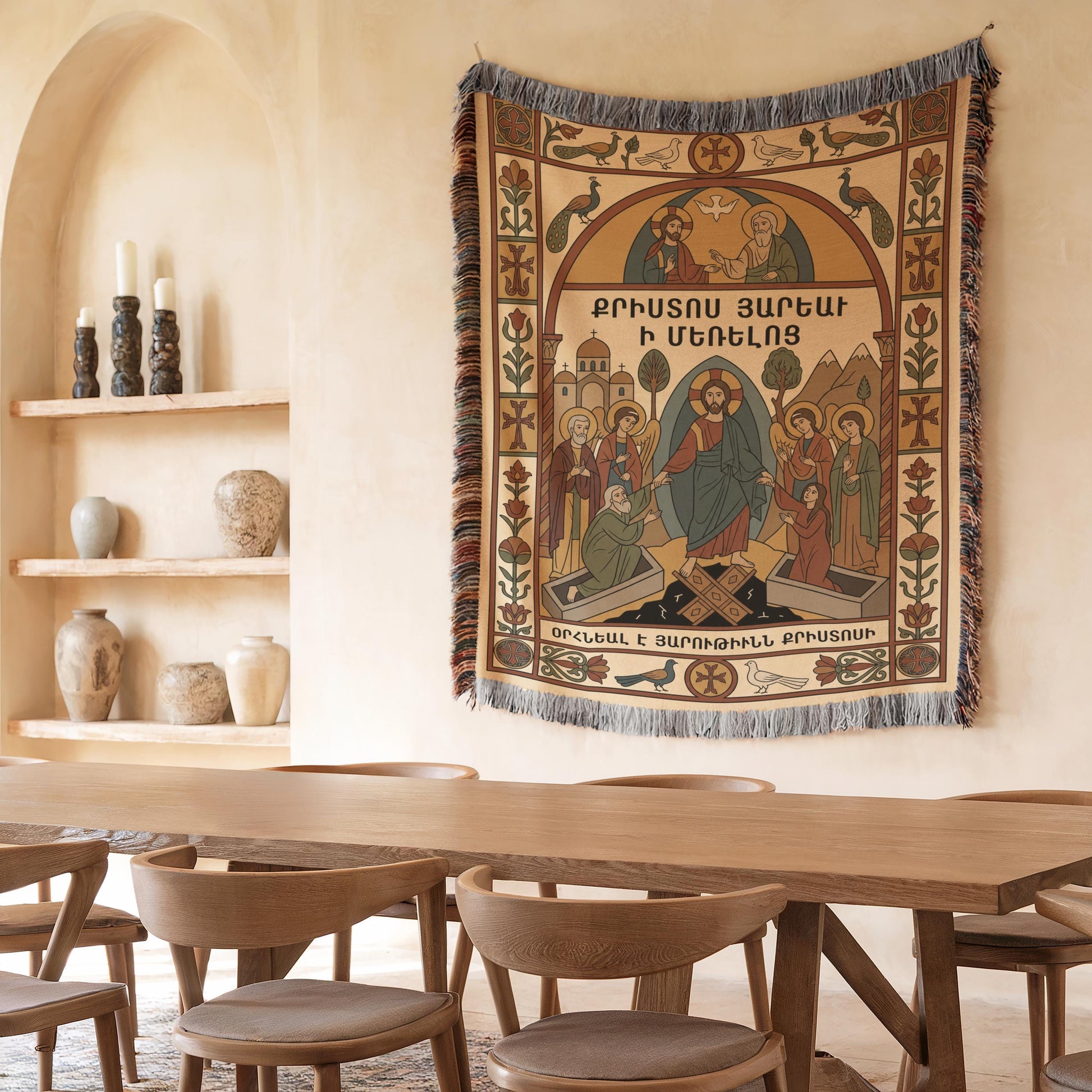 Dining nook with wooden table, Virgin Mary wall tapestry hanging above, prayer room wall decor with Mount Ararat motif.