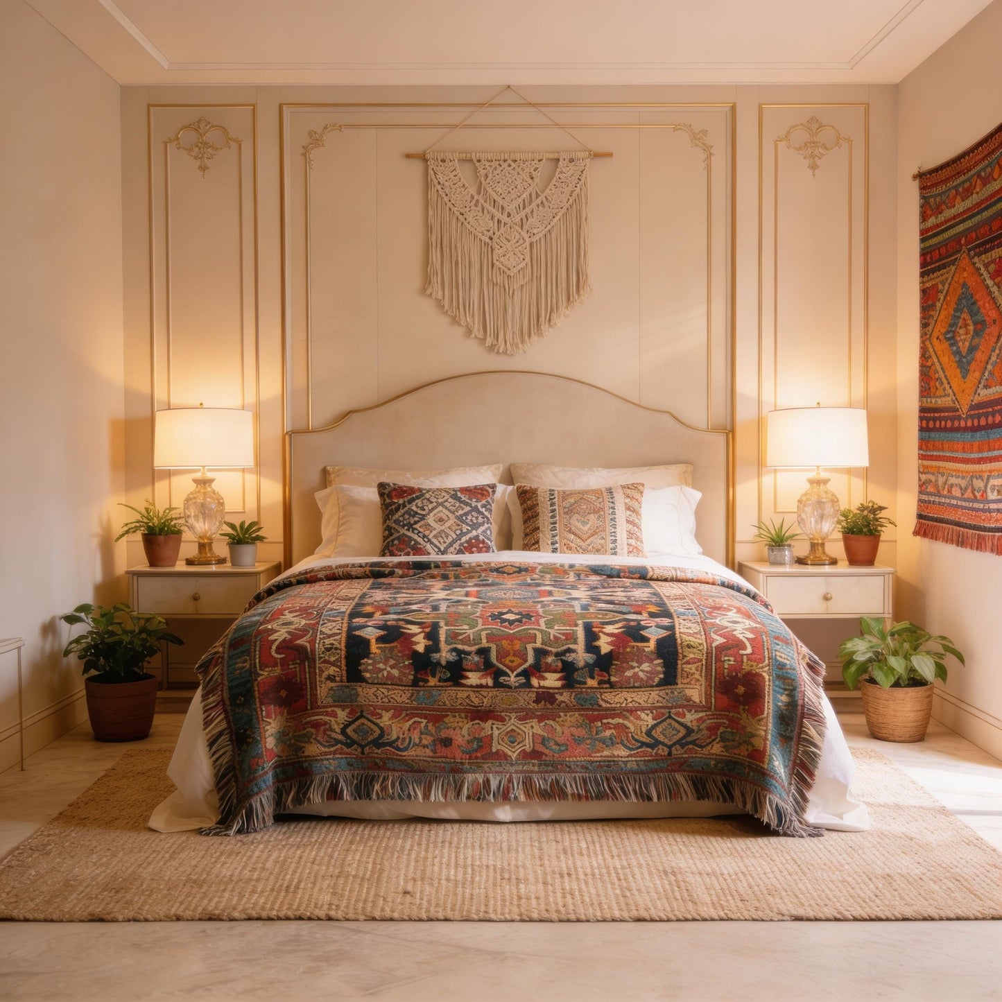 Anatolian Inspired woven blanket with rug-style pattern styled for layered home decor