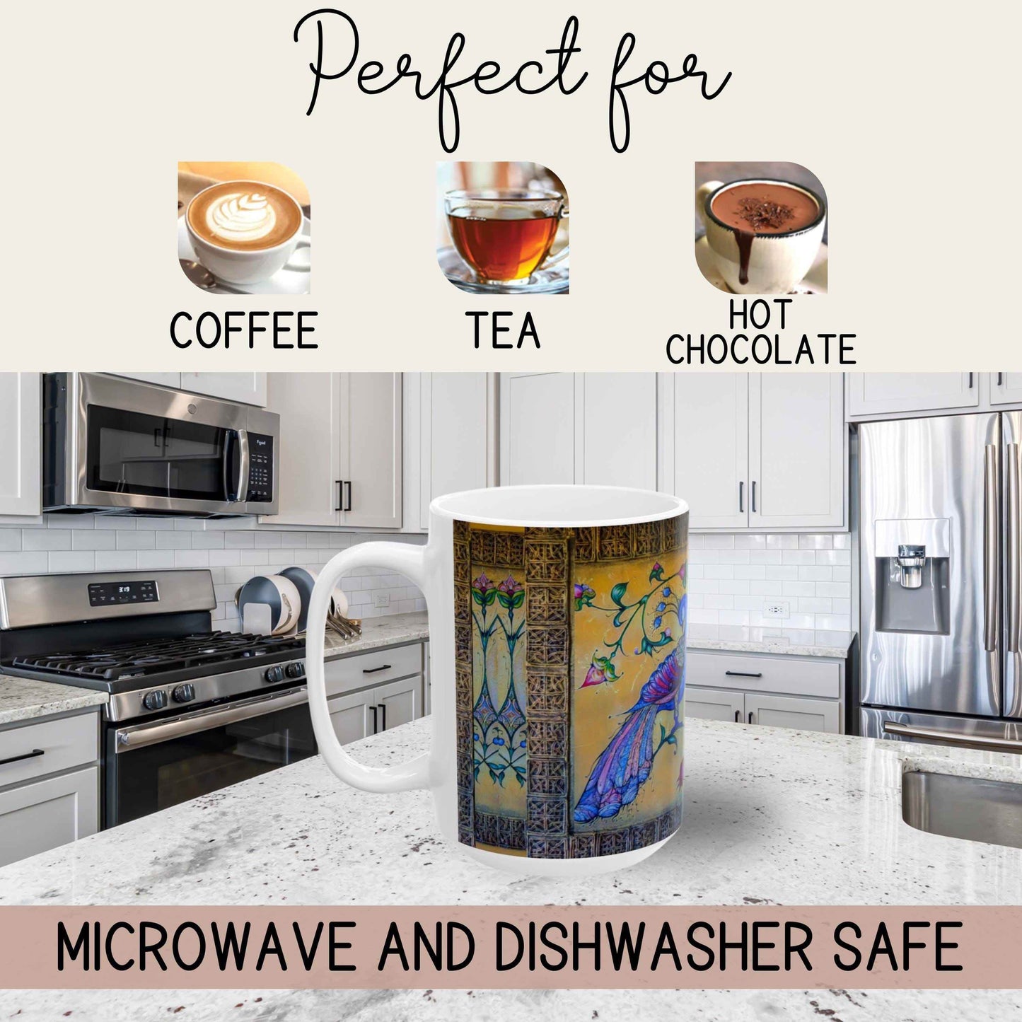 Armenian Birds Mug - Handpainted Ceramic Cup 11oz with Gold Accent Featuring Blue Bird Art - timelessbohochic.com