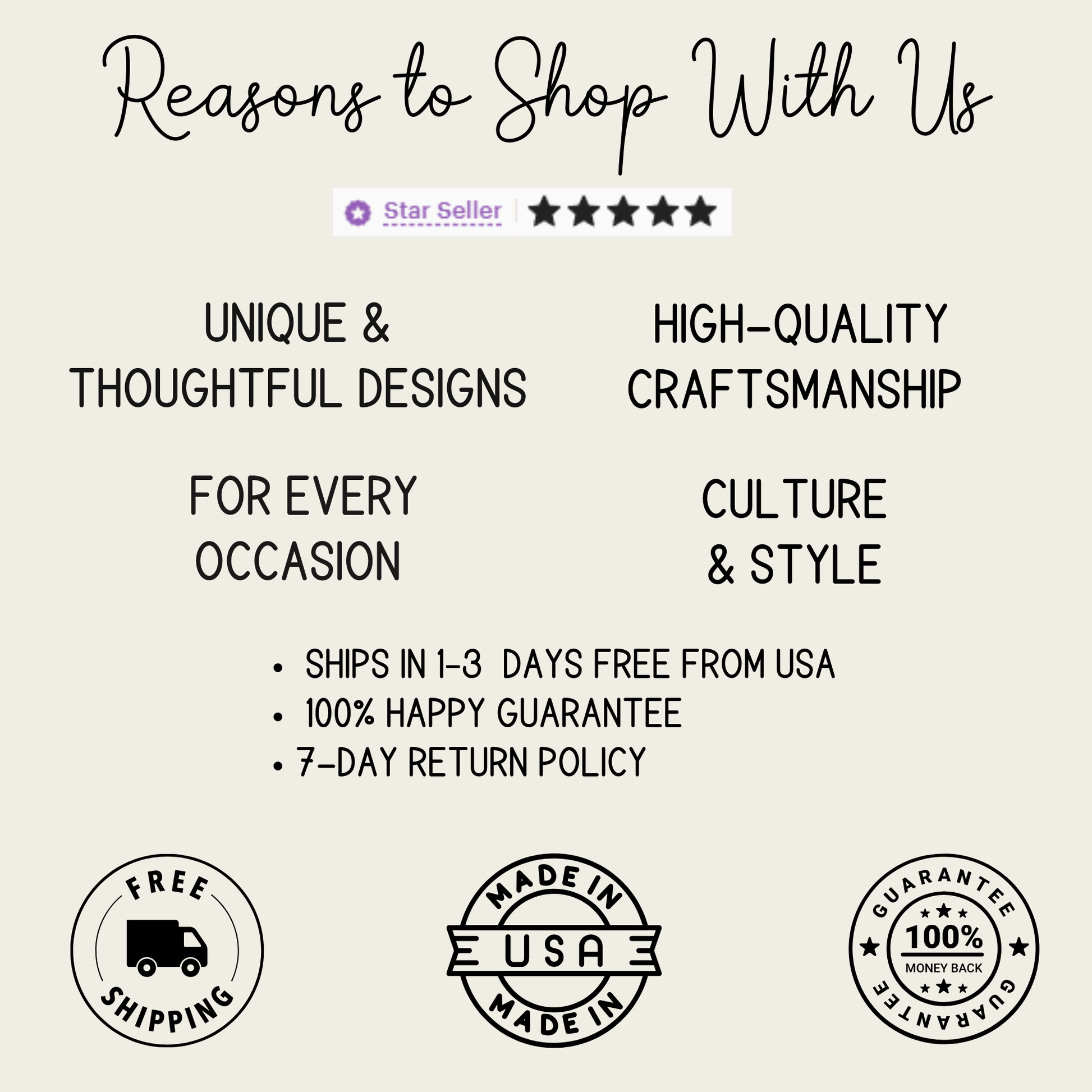 The image is a collection of text and logos related to shopping with a focus on unique and thoughtful designs, high-quality craftsmanship, and a 7-day return policy.