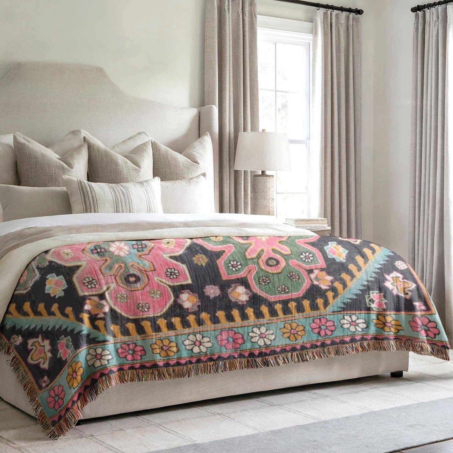 Anatolian Inspired woven blanket with floral pattern styled for layered home decor