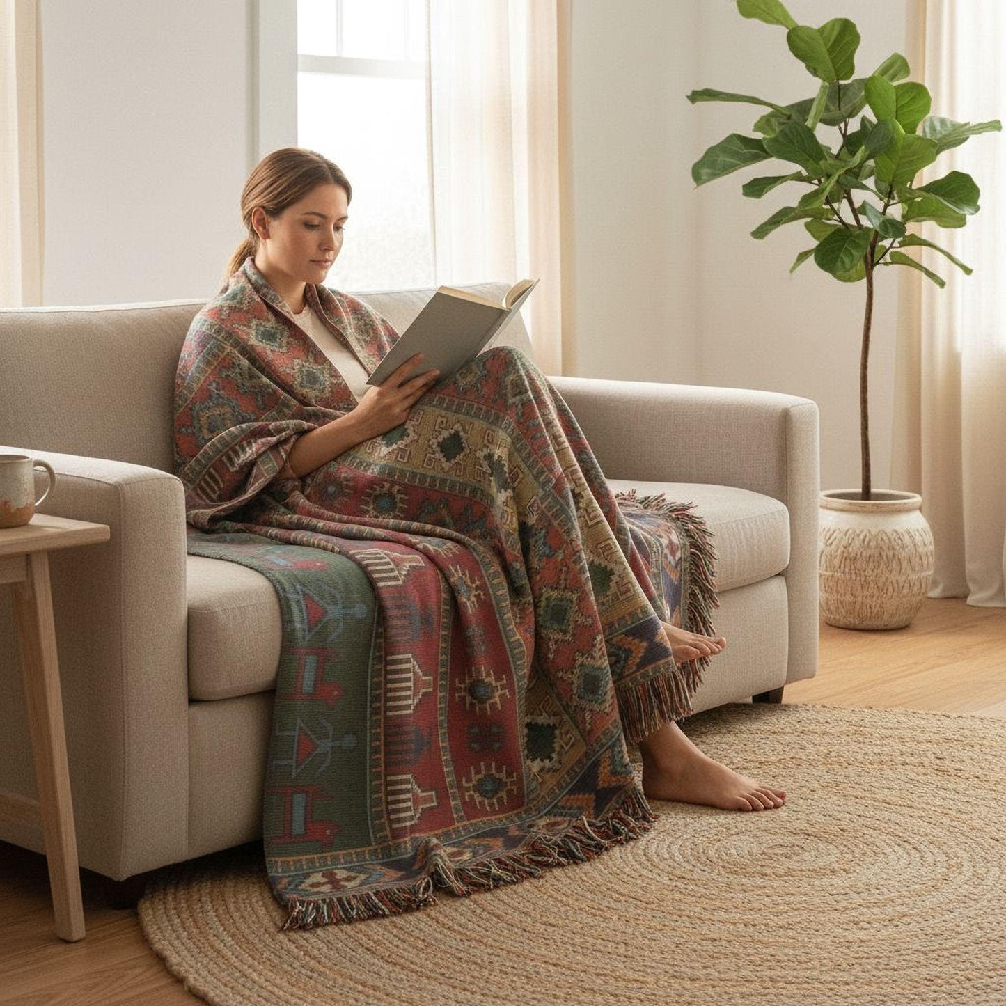 Anatolian Inspired woven blanket with rug-style pattern styled for layered home decor