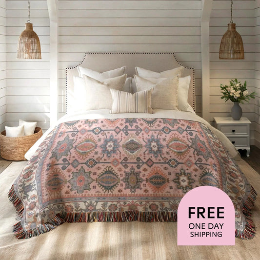 Anatolian Rug Blanket – Boho Decor Throw with Fringed Edge, Cozy Sofa Accent