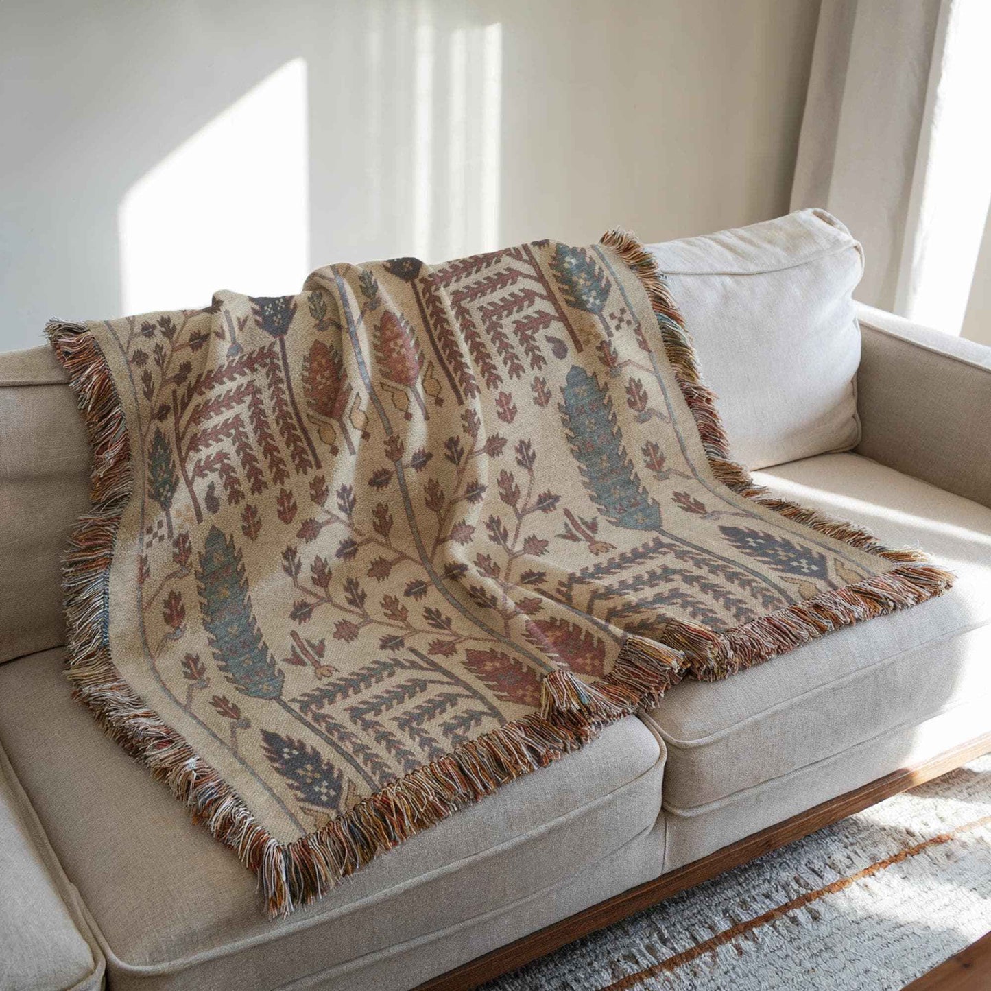 Anatolian Inspired woven blanket with rug-style pattern styled for layered home decor