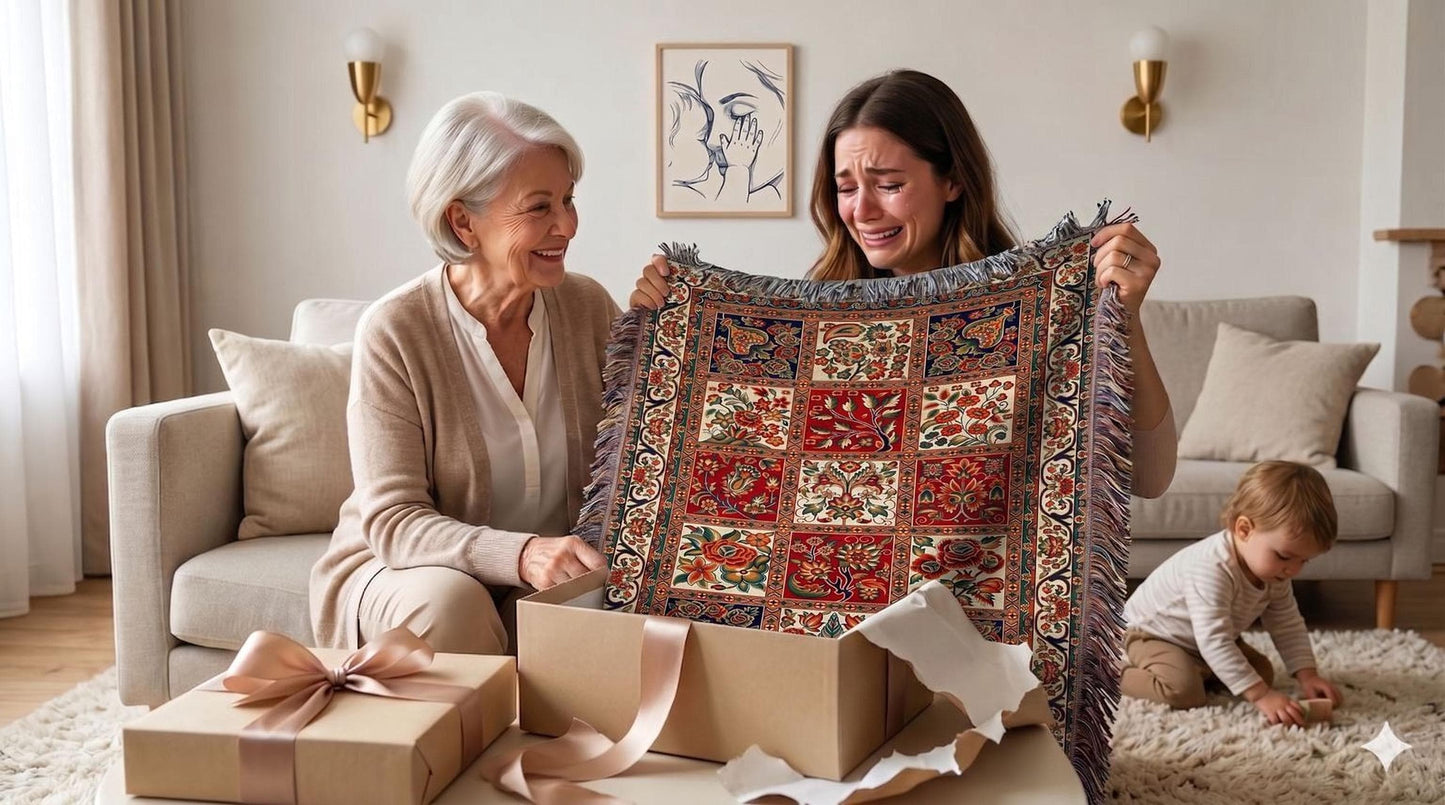 Caucasian Rug Inspired woven blanket with geometric pattern styled for layered home decor