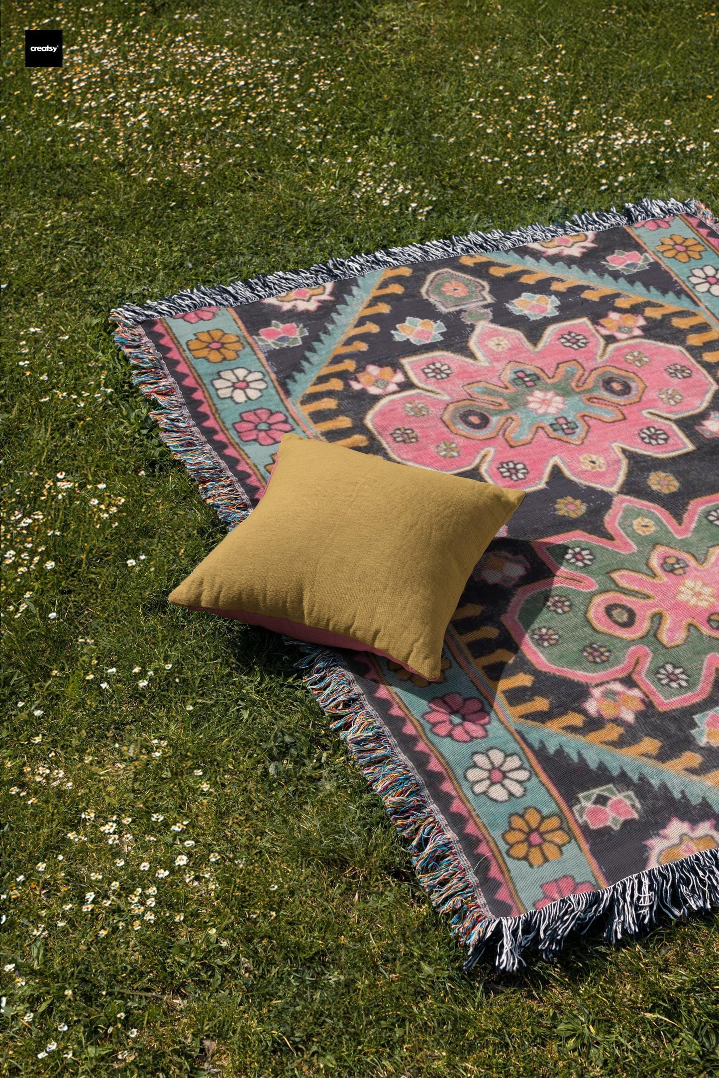 Anatolian Inspired woven blanket with floral pattern styled for layered home decor