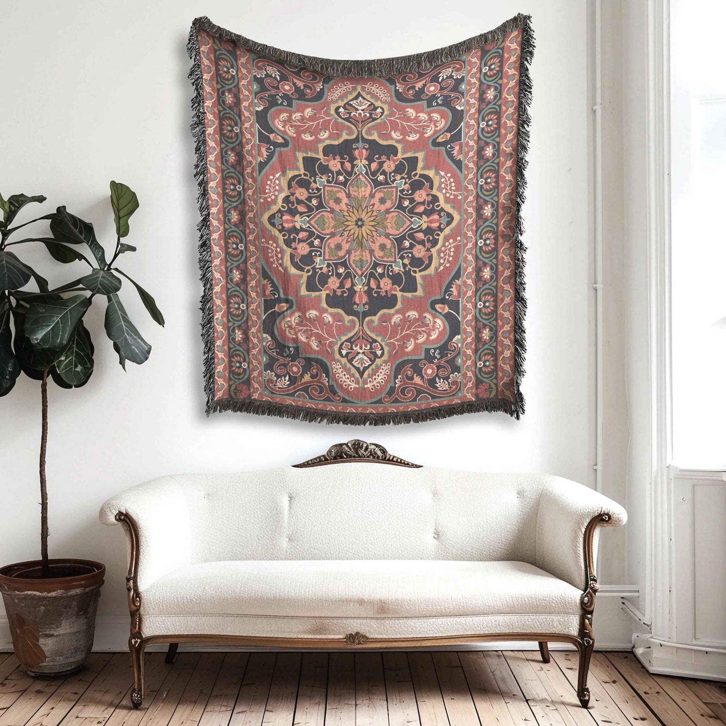 Caucasian Rug Inspired woven blanket with geometric pattern styled for layered home decor