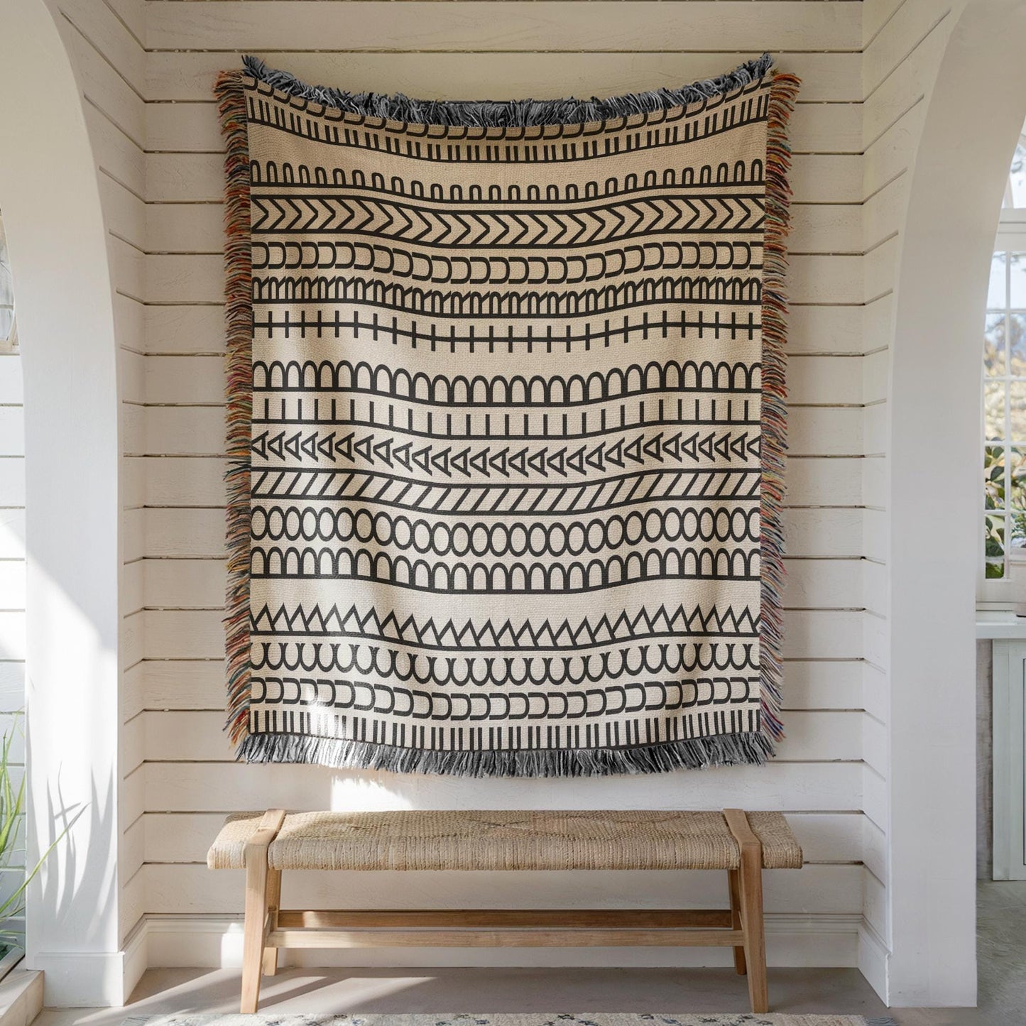 Modern Geometric woven blanket with geometric pattern styled for layered home decor