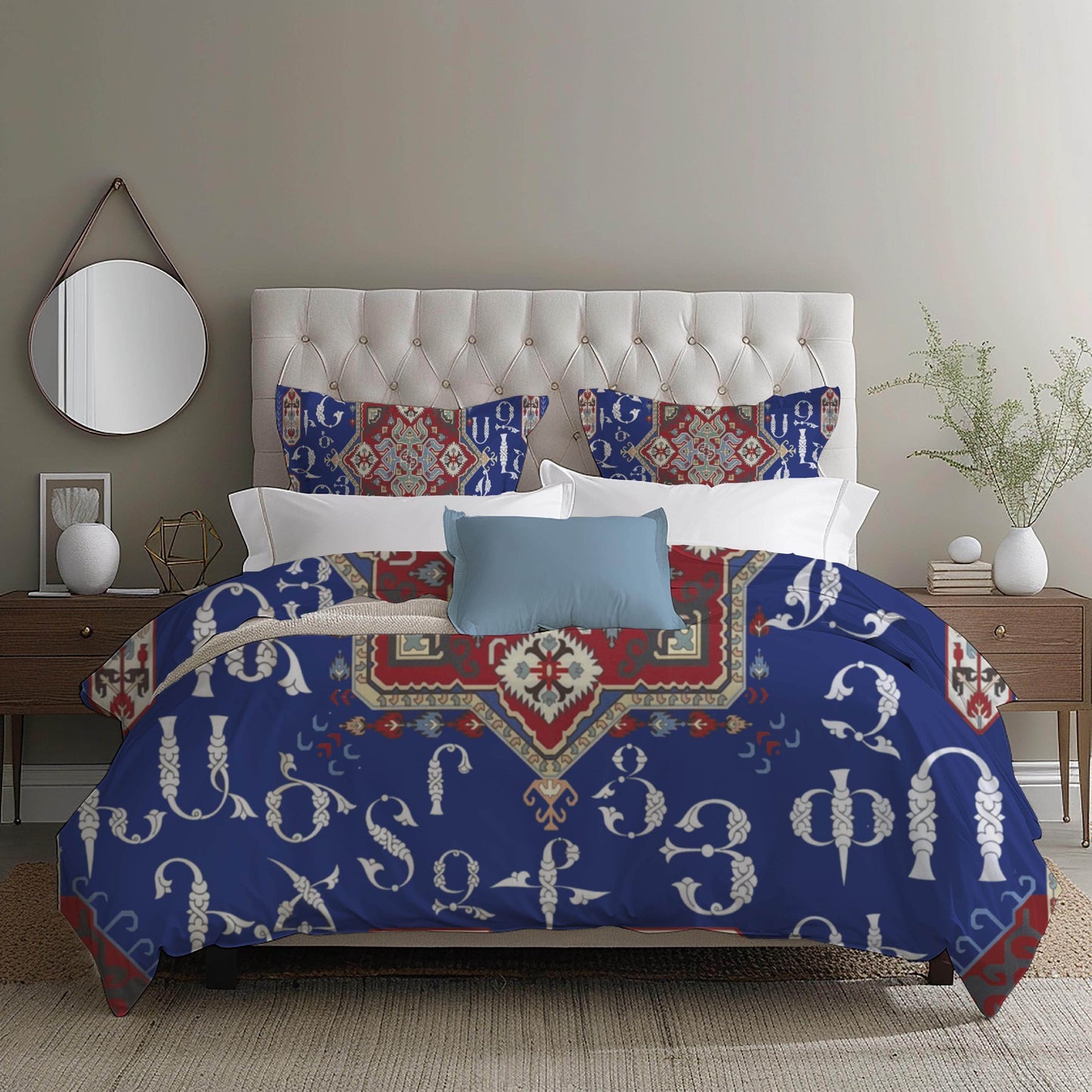 Armenian Alphabet Duvet - Personalized Ethnic Bedding Set with Haykakan Pattern & Custom Pillowcases - timelessbohochic.com