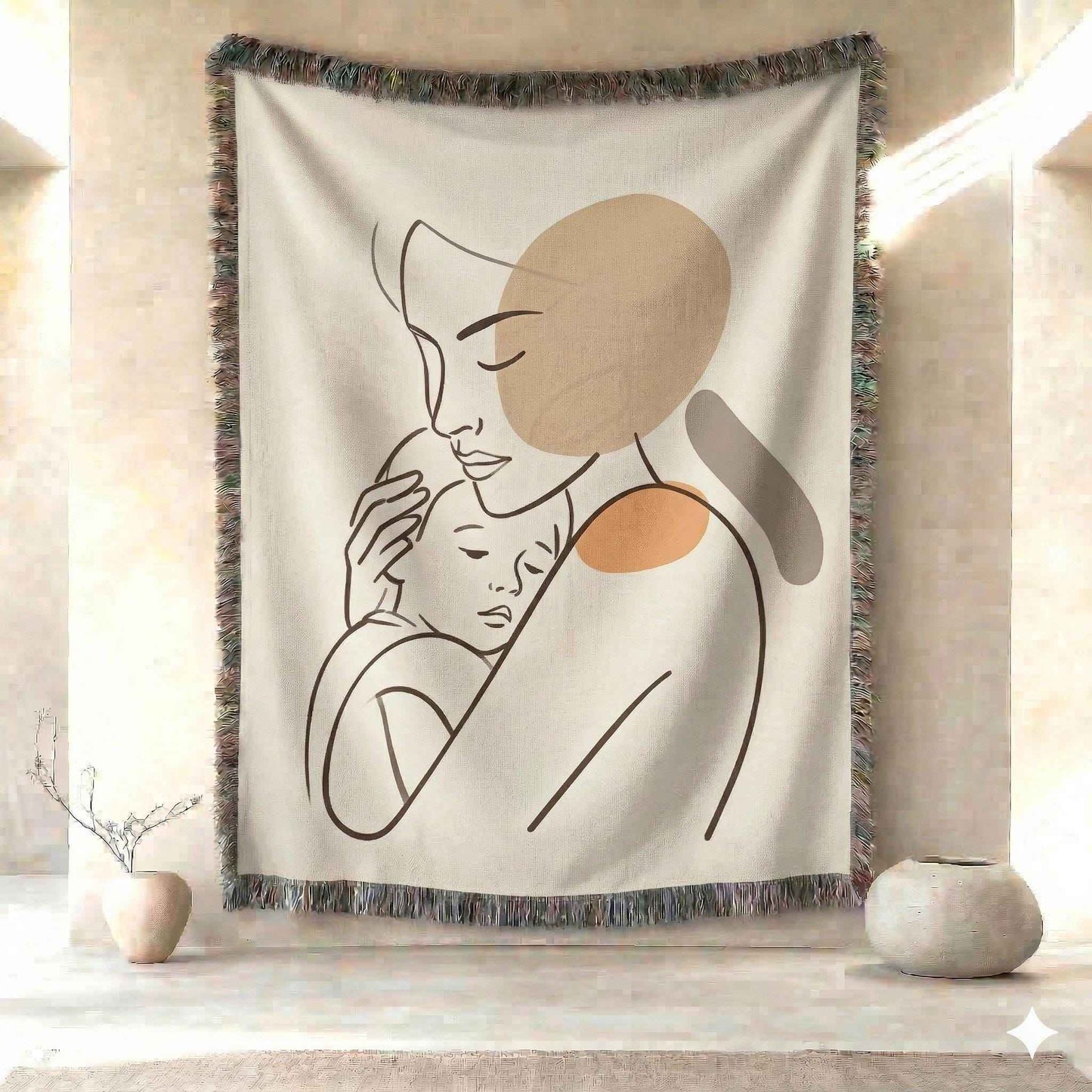 Modern Geometric woven wall tapestry with geometric pattern styled as textile wall decor