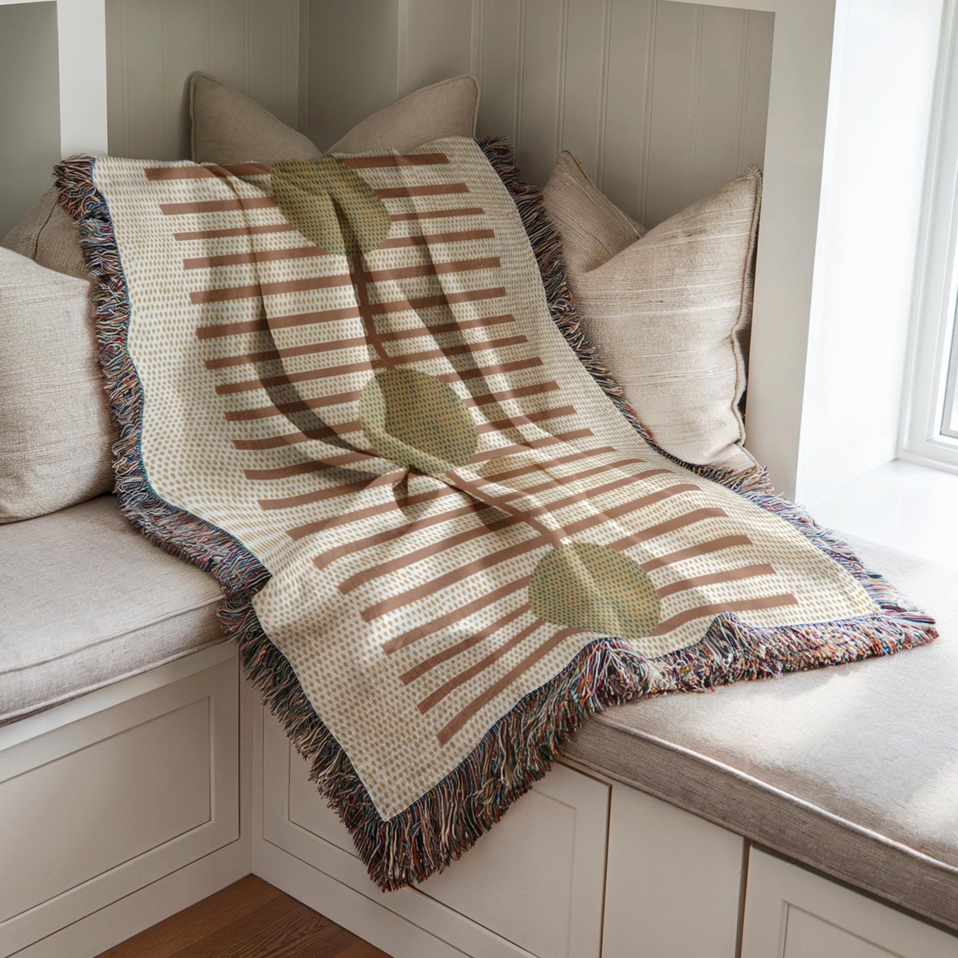 Woven Cotton Blanket - Cozy Rustic Stripe Throw With Green Dots Pattern