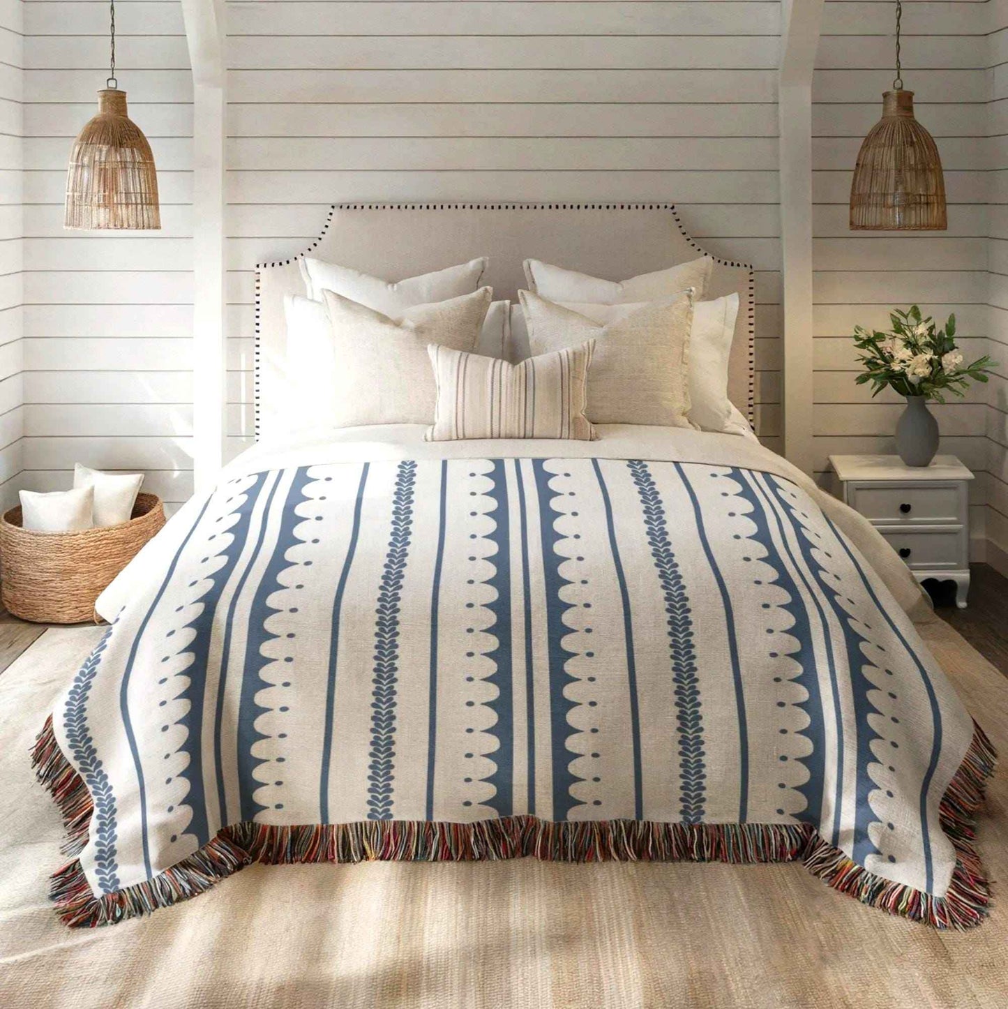 Modern Geometric woven blanket with geometric pattern styled for layered home decor