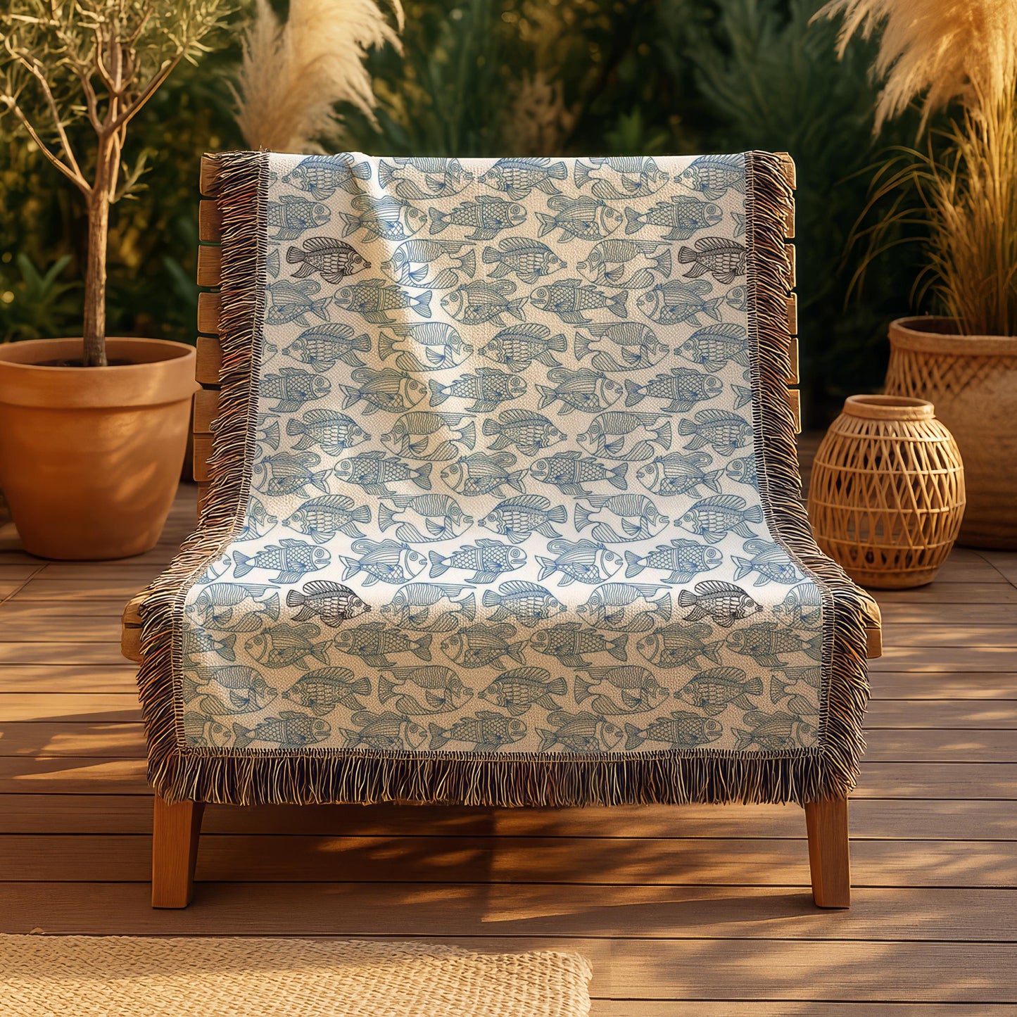 Patio Woven Blanket – Blue Fish Nautical Throw Cover | Coastal Home Decor