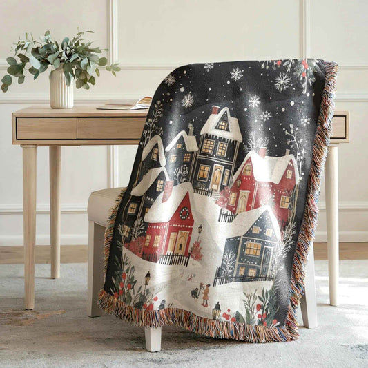 Holiday Cotton Throw - Woven Christmas Village Blanket | Cozy Seasonal Bedroom Accent - timelessbohochic.com