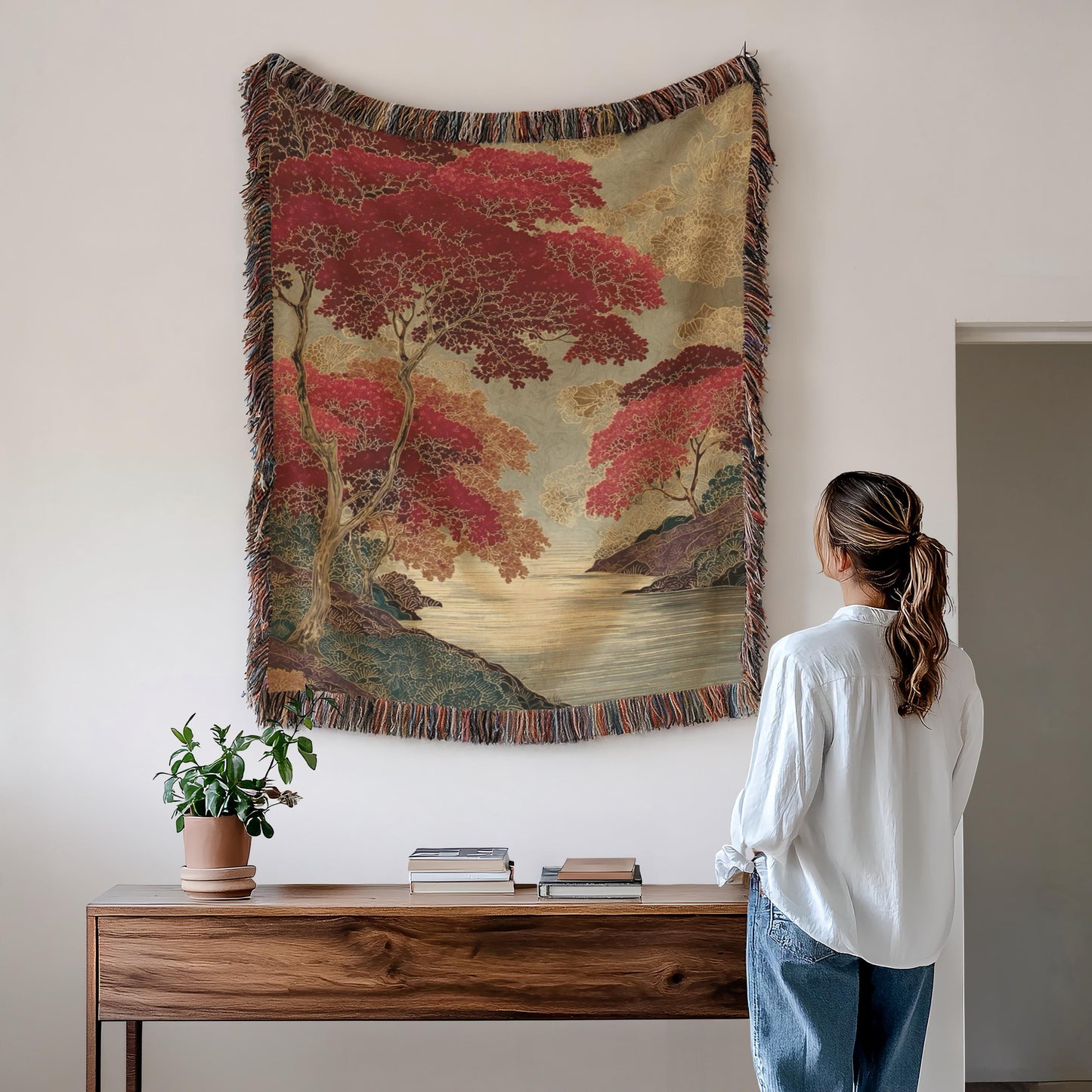 Scandinavian Inspired woven wall tapestry with rug-style pattern styled as textile wall decor