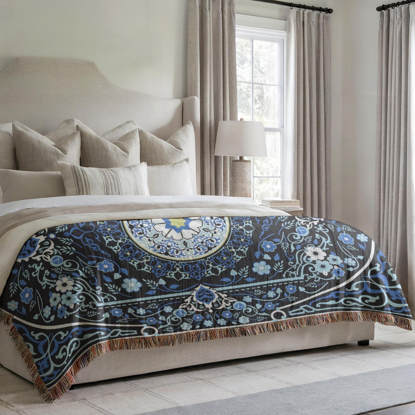Anatolian Inspired woven blanket with rug-style pattern styled for layered home decor