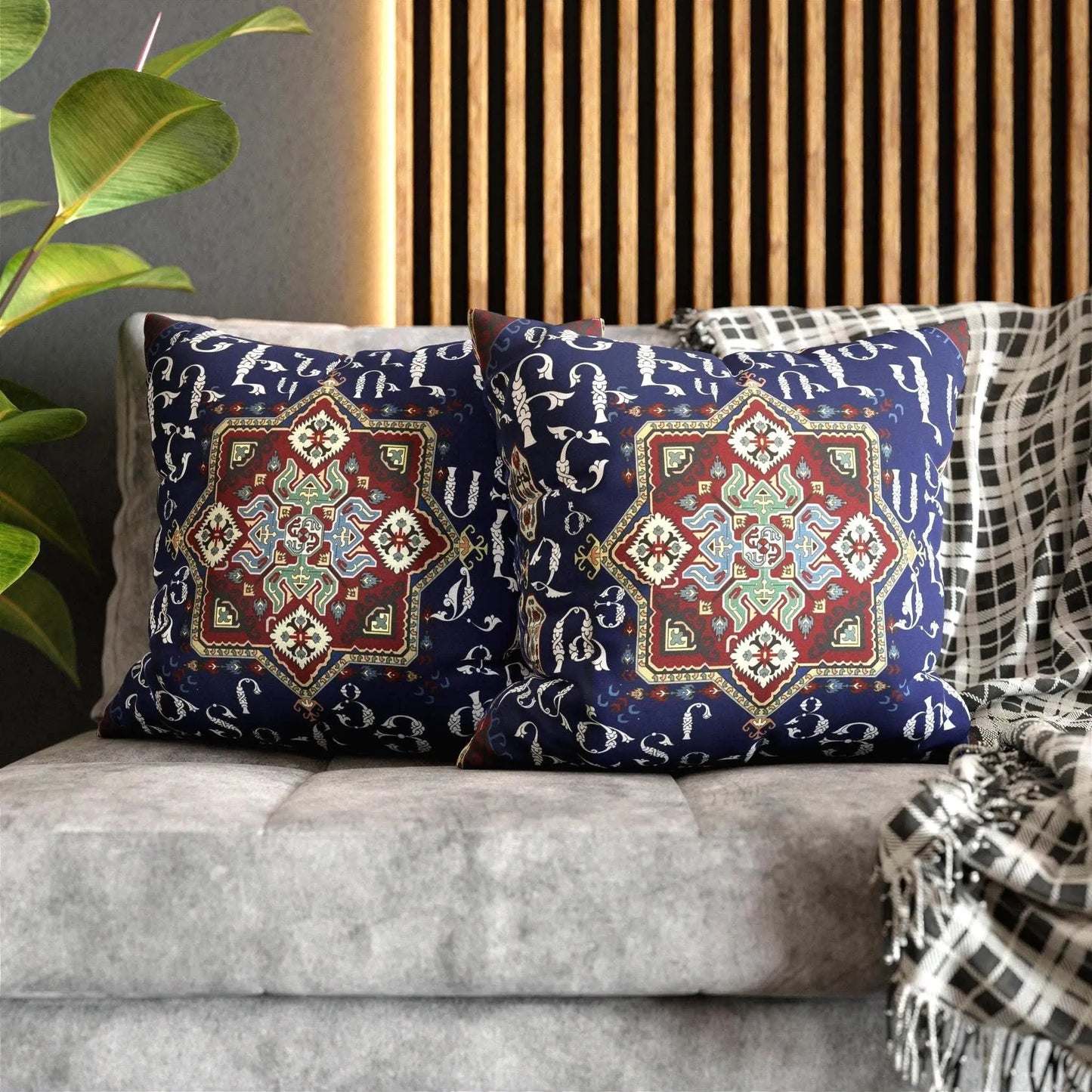 Armenian Alphabet Pillow - Blue White Square Pillow Cover | Boho Chic Decor Gift