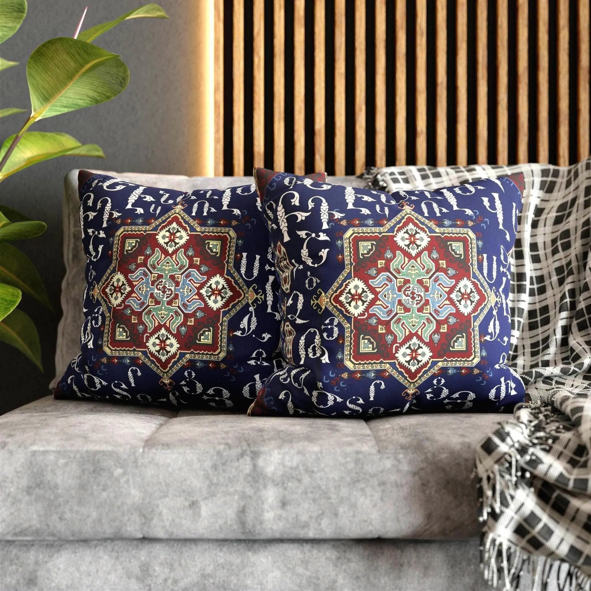 Armenian Alphabet Pillow - Blue White Square Pillow Cover | Boho Chic Decor Gift