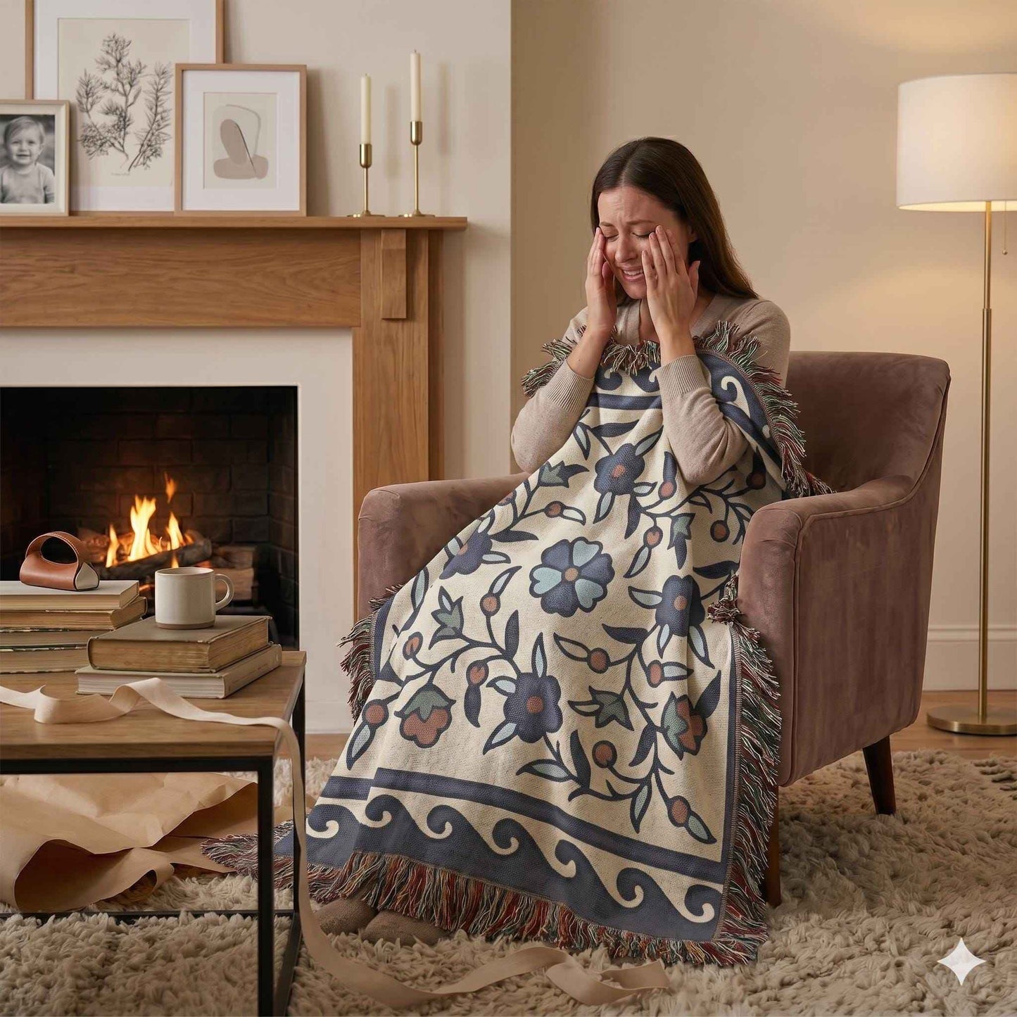 Anatolian Inspired woven blanket with woven pattern styled for layered home decor