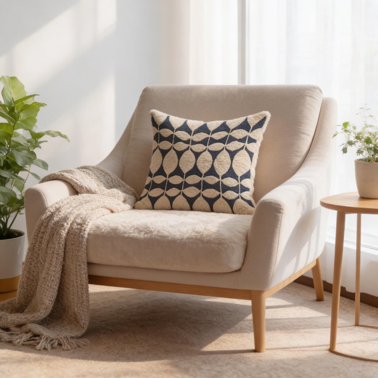 Scandinavian Inspired pillow cover with geometric pattern styled on a sofa or bed