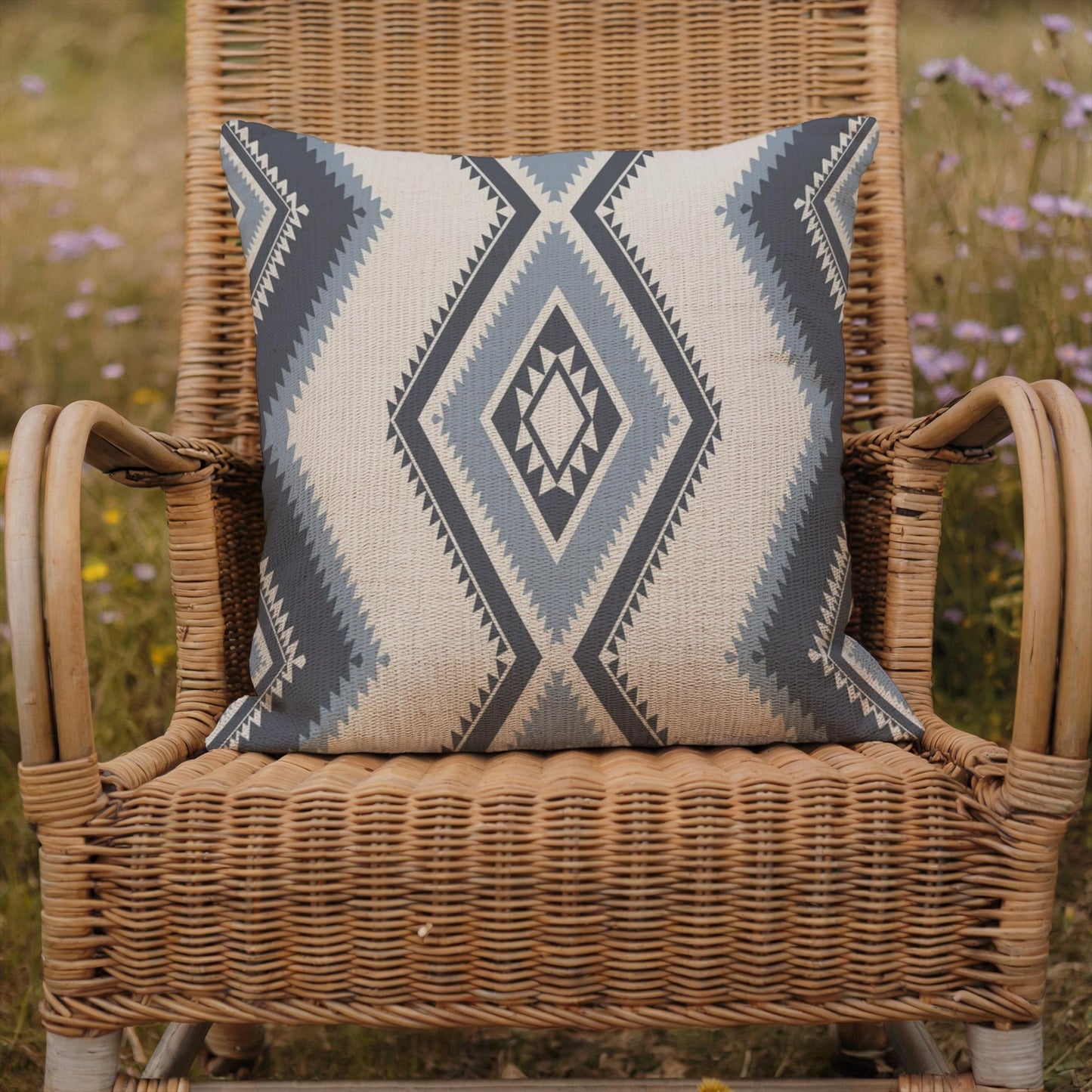 Southwestern pillow cover with geometric pattern styled on a sofa or bed