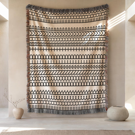 Woven Statement Blanket – Modern Throw Cotton Artisan Decorative Throw with Colorful Fringed Edges