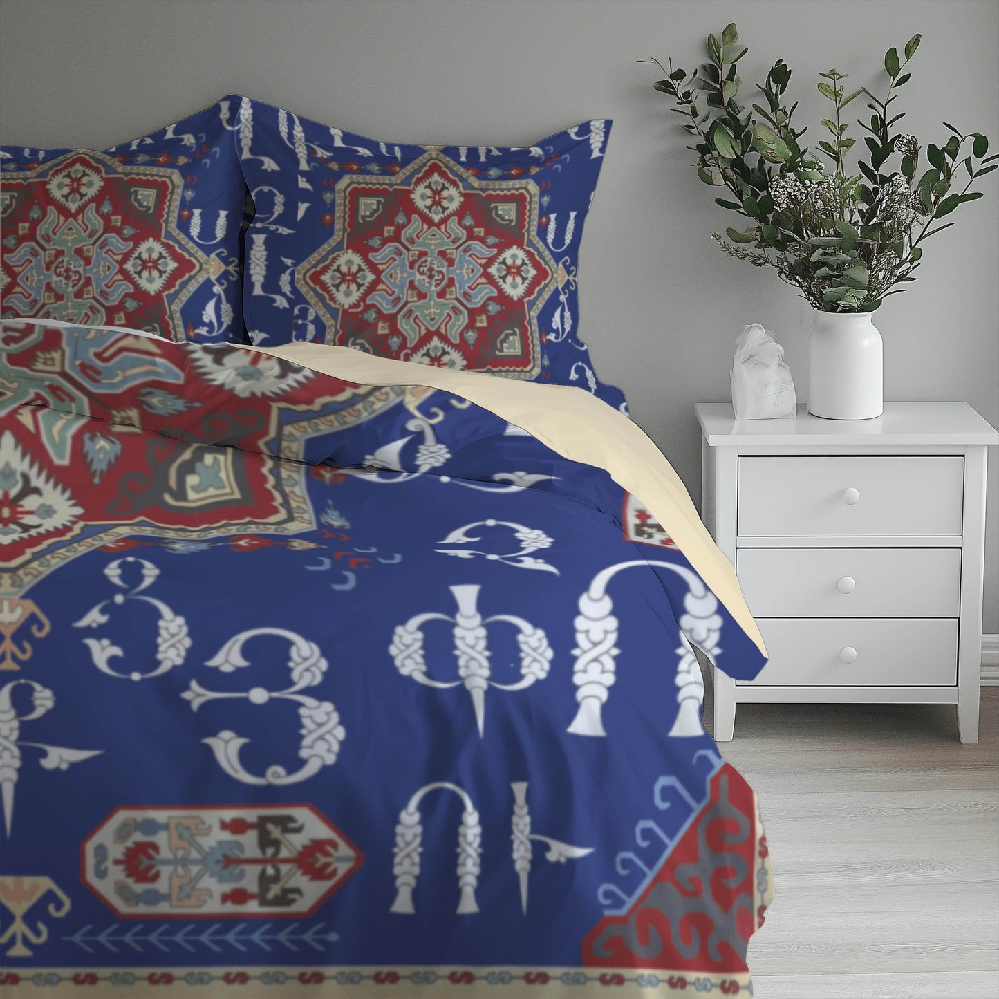Armenian Alphabet Duvet - Personalized Ethnic Bedding Set with Haykakan Pattern & Custom Pillowcases - timelessbohochic.com