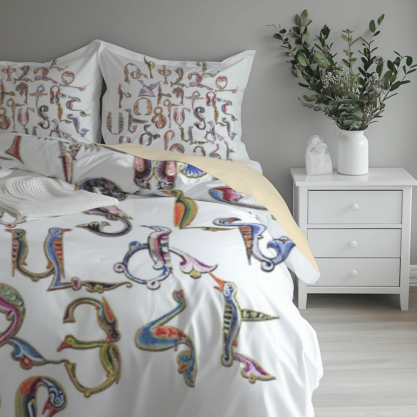 Armenian Alphabet Duvet Cover - Multicolor Bedding Set with Trchnagir Pattern & Zipper Closure - timelessbohochic.com