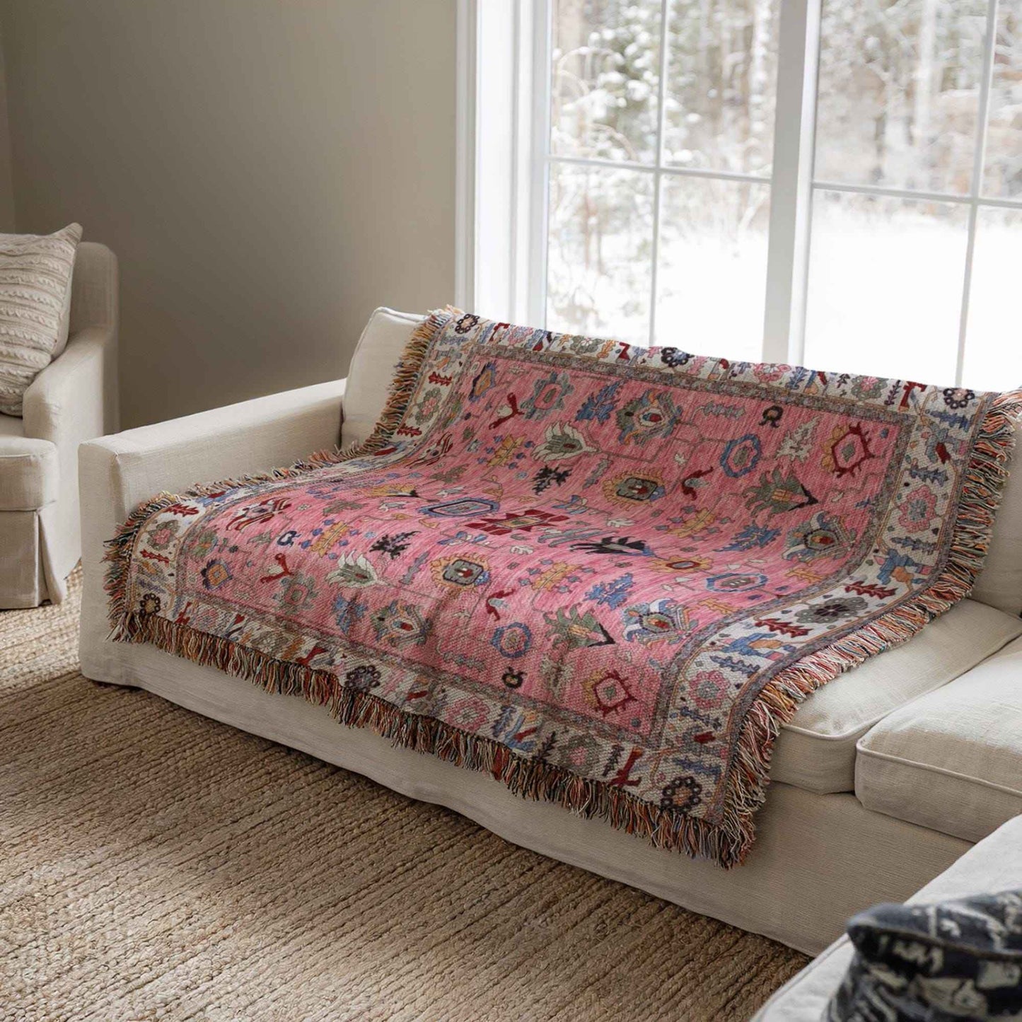 Anatolian Inspired woven blanket with rug-style pattern styled for layered home decor