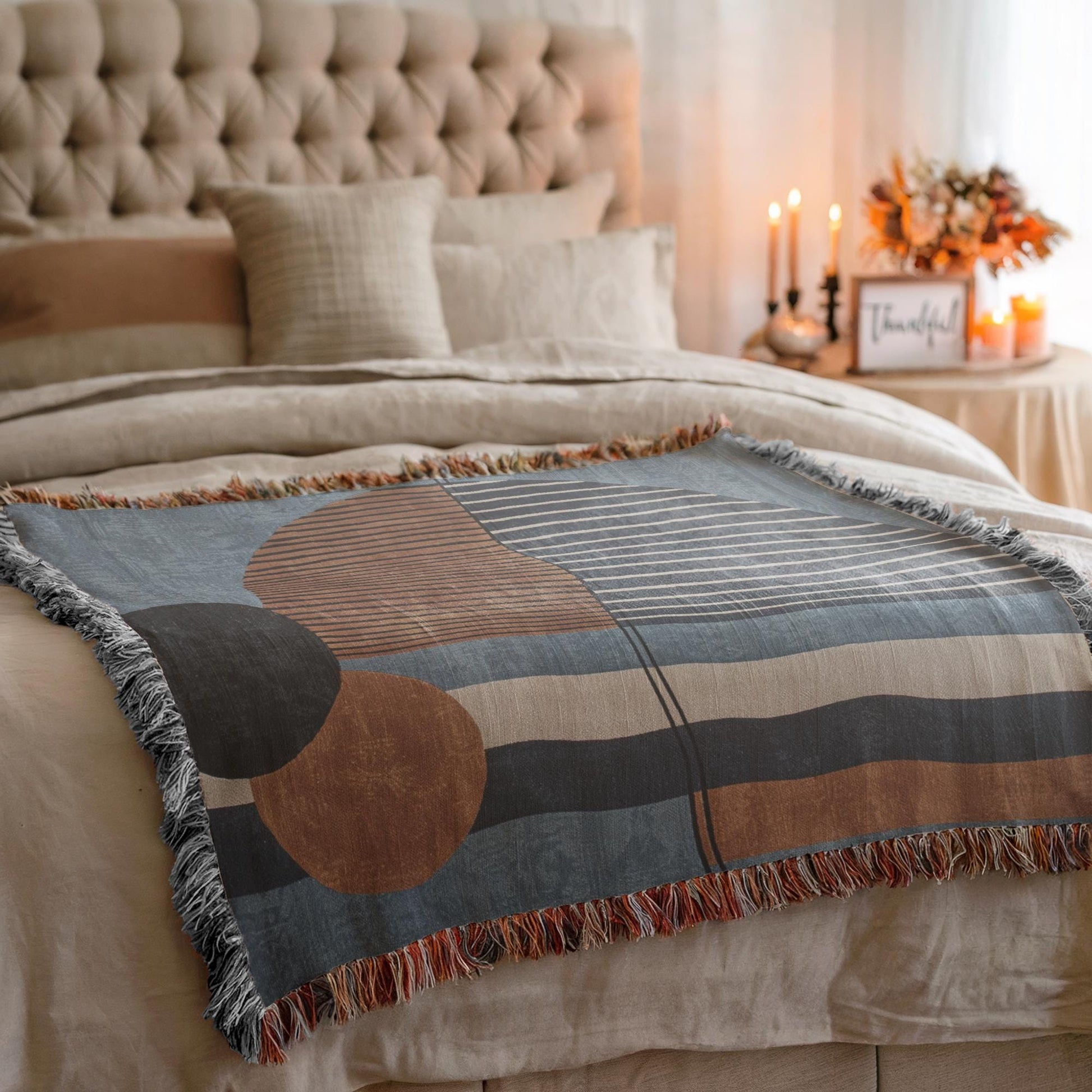 Woven Cotton Blanket - Modern MCM Blue Rust Brown Throw with Colorful Fringed Edges