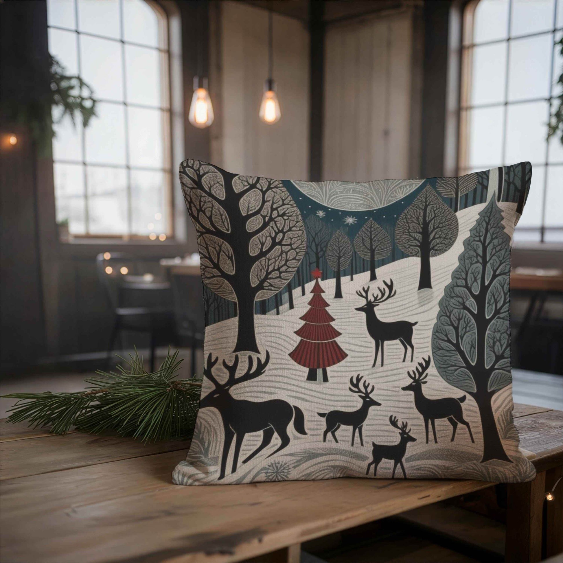 Winter Deer Pillow - Woven Decorative Cushion With Deer Herd Design, Cozy Cabin Accent - timelessbohochic.com