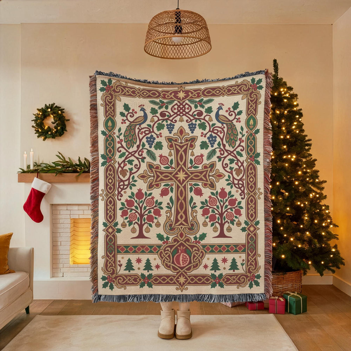 A person stands in a living room holding a large, intricately patterned blanket with a cross design, surrounded by Christmas decorations and a lit Christmas tree.