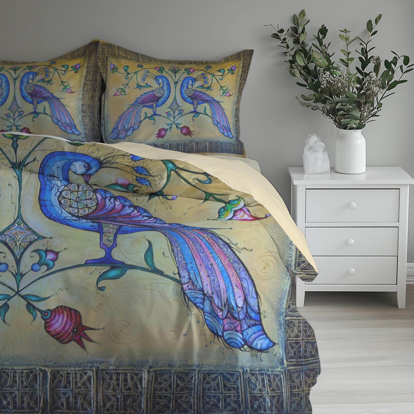 Armenian Birds Duvet Cover - Haykakan Pattern Bedding Set With Decorative Pillowcases - timelessbohochic.com