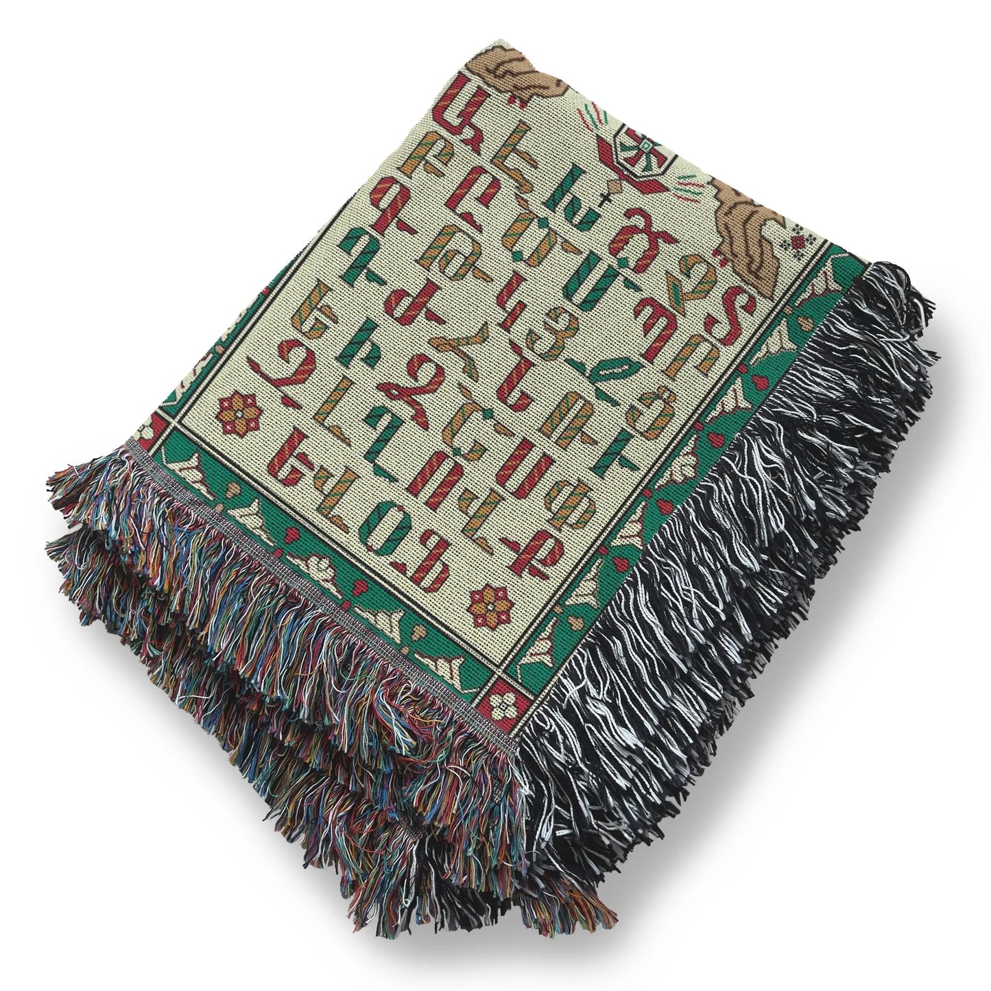 Green Woven Throw - Armenian Alphabet Blanket | Cozy Cotton Bedspread Quilt