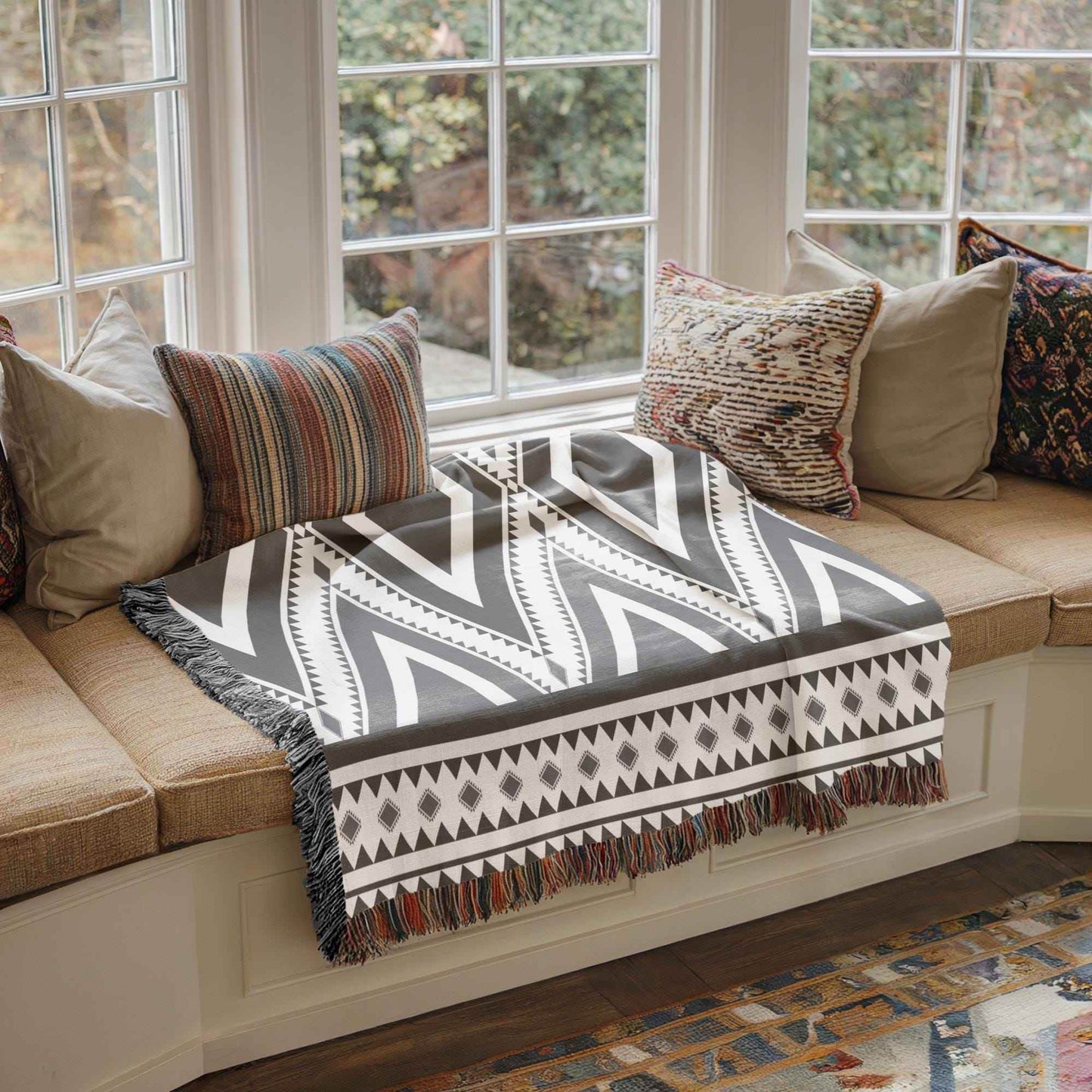 Boho Cotton Throw Blanket - Rustic Boho Throw With Tribal Pattern Decor & Fringed Edges - timelessbohochic.com