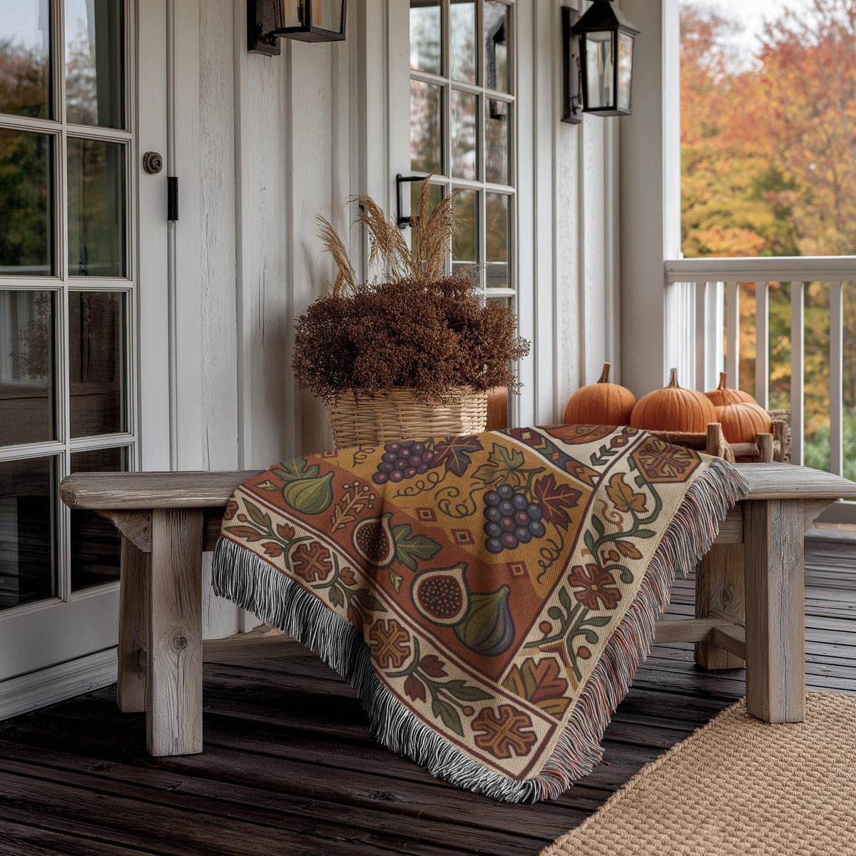 Grape and fig Armenian harvest blanket on a porch bench beside a basket of dried flowers