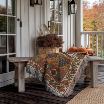 Grape and fig Armenian harvest blanket on a porch bench beside a basket of dried flowers