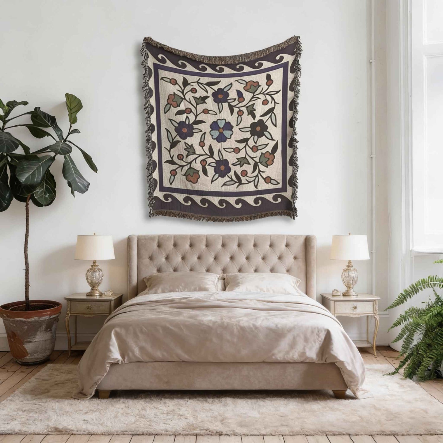 Anatolian Inspired woven blanket with woven pattern styled for layered home decor